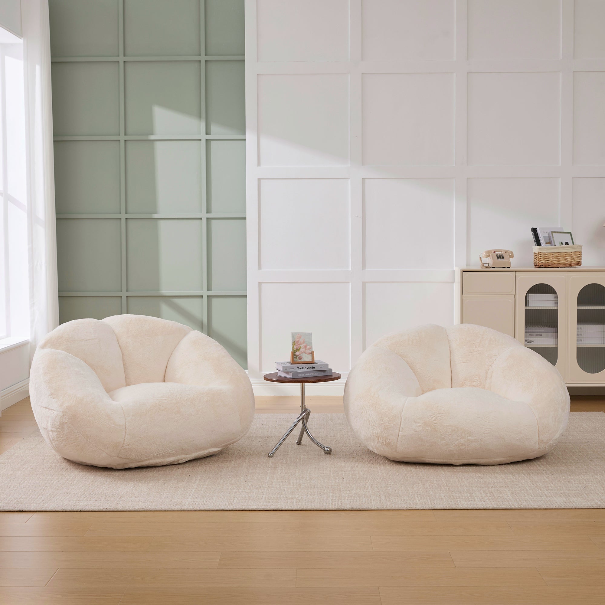 Soft Plush Beanbag Sofa with Non-Slip Base and Memory Foam, White Artificial Rabbit Fur
