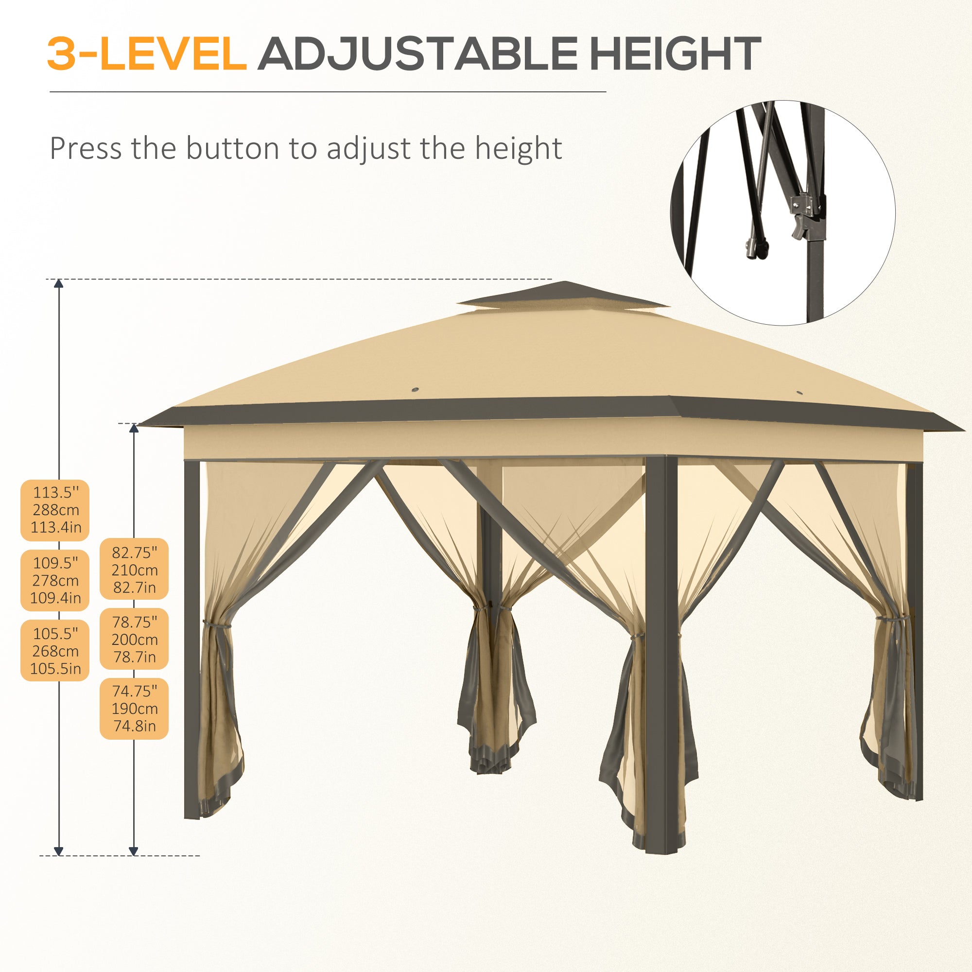 Pop Up Gazebo, 3.3 x 3.3m Double Roof Foldable with Zipped Mesh Sidewalls, Height Adjustable, Beige