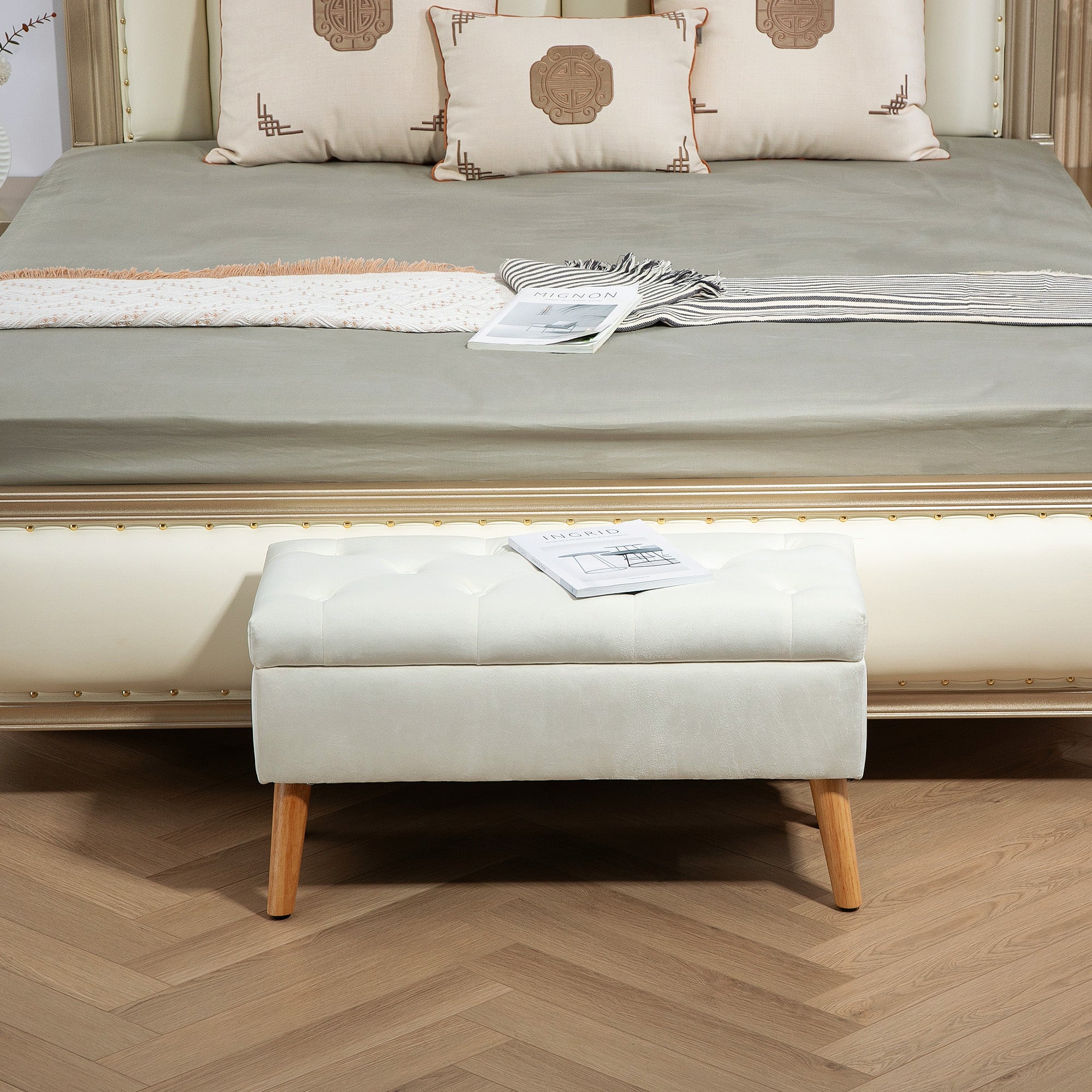 Bench with Storage, Upholstered Lid, Rubberwood White