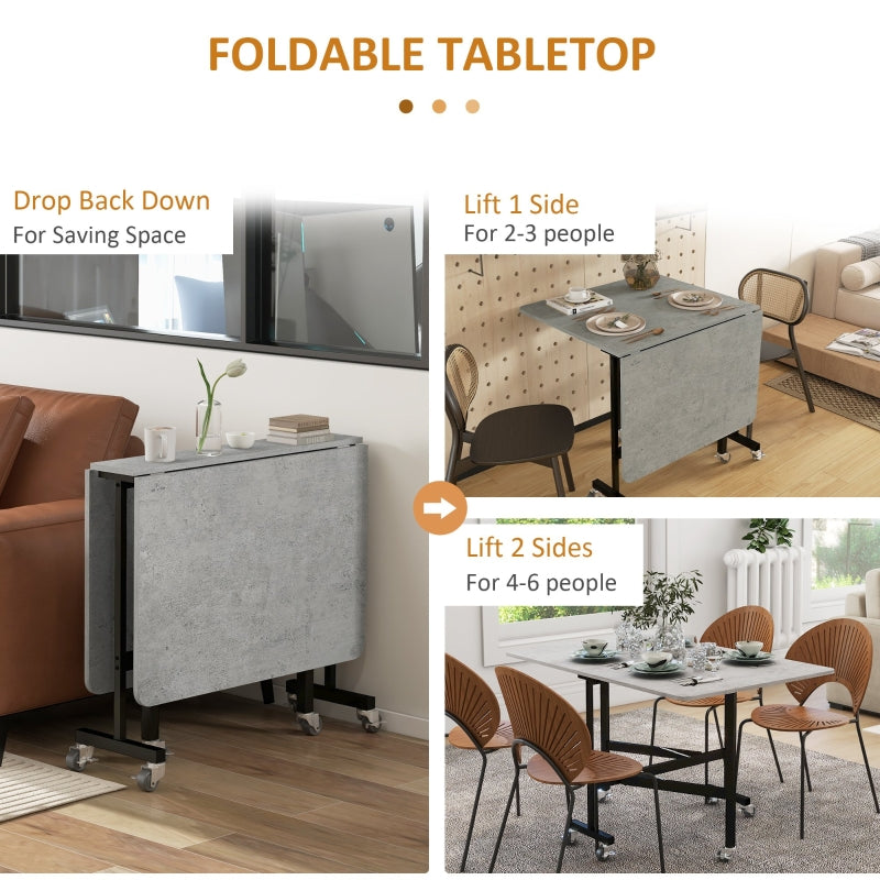 Mobile Drop Leaf Table, Folding Dining Table 6 Wheels & Brakes, Grey Marble Effect