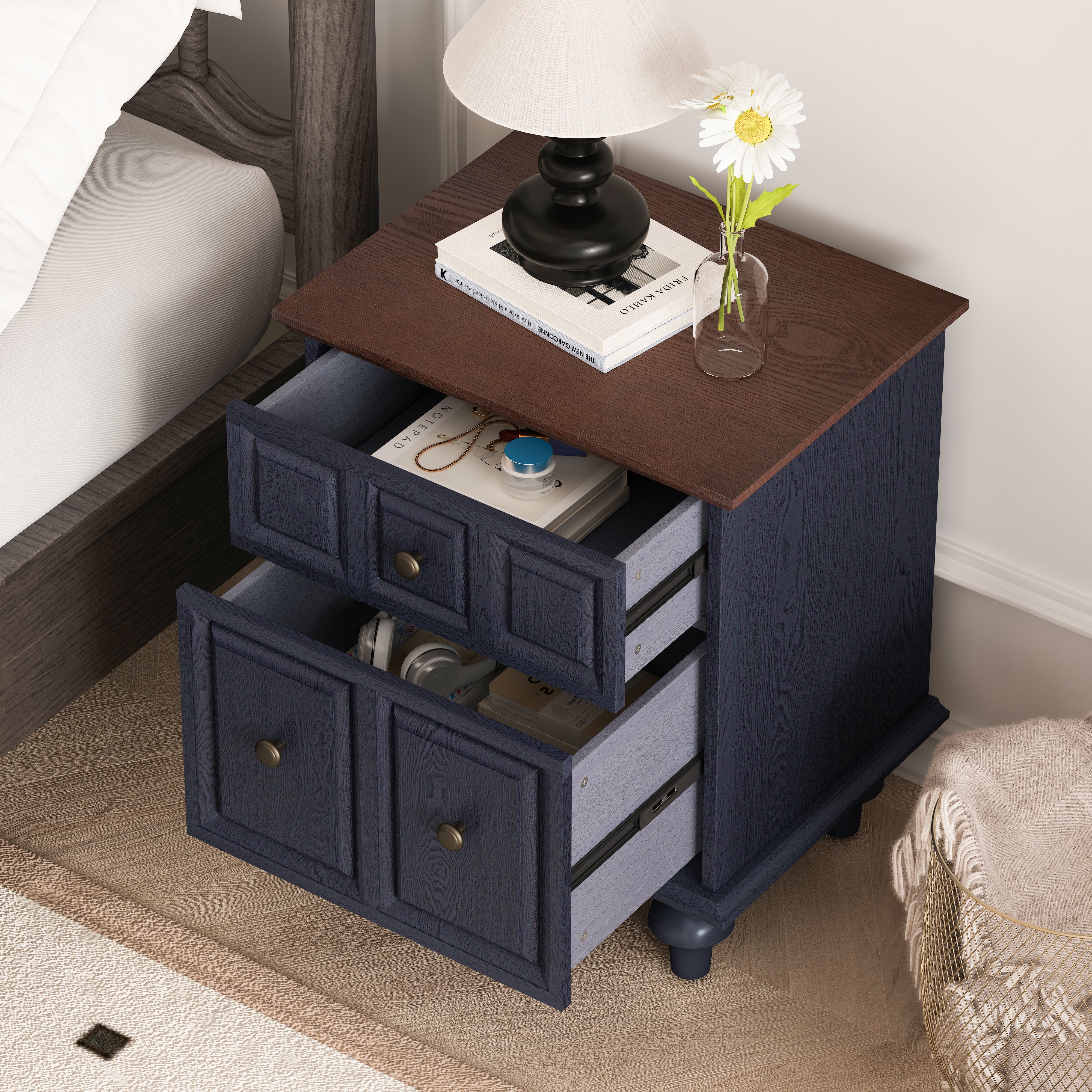 Vintage Bedside Table 52CM with 2 Drawers Roman Column Legs Solid Wood Dark Blue
