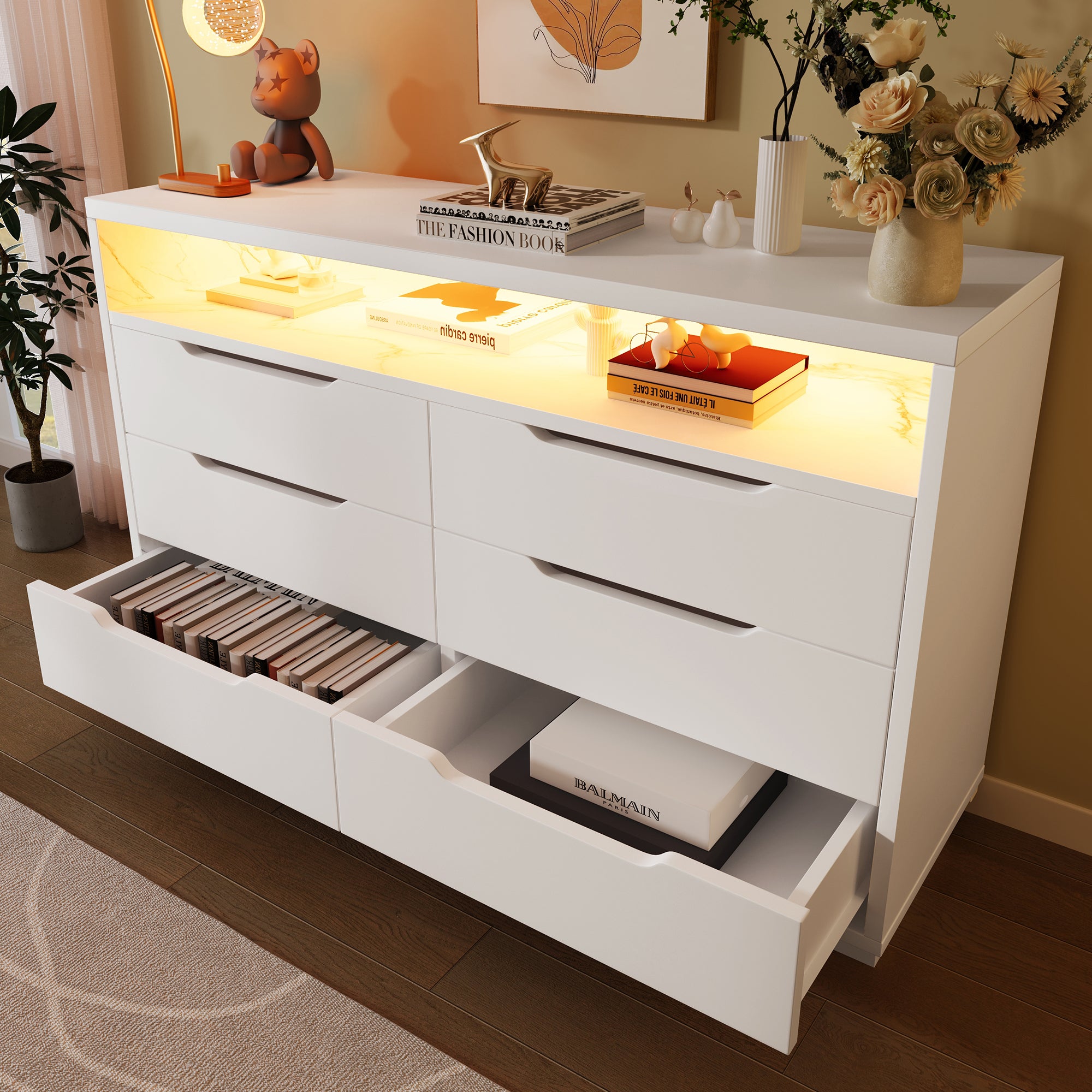 Marbled 6-Drawer Sideboard, RGB LED Lighting & Shelves, White