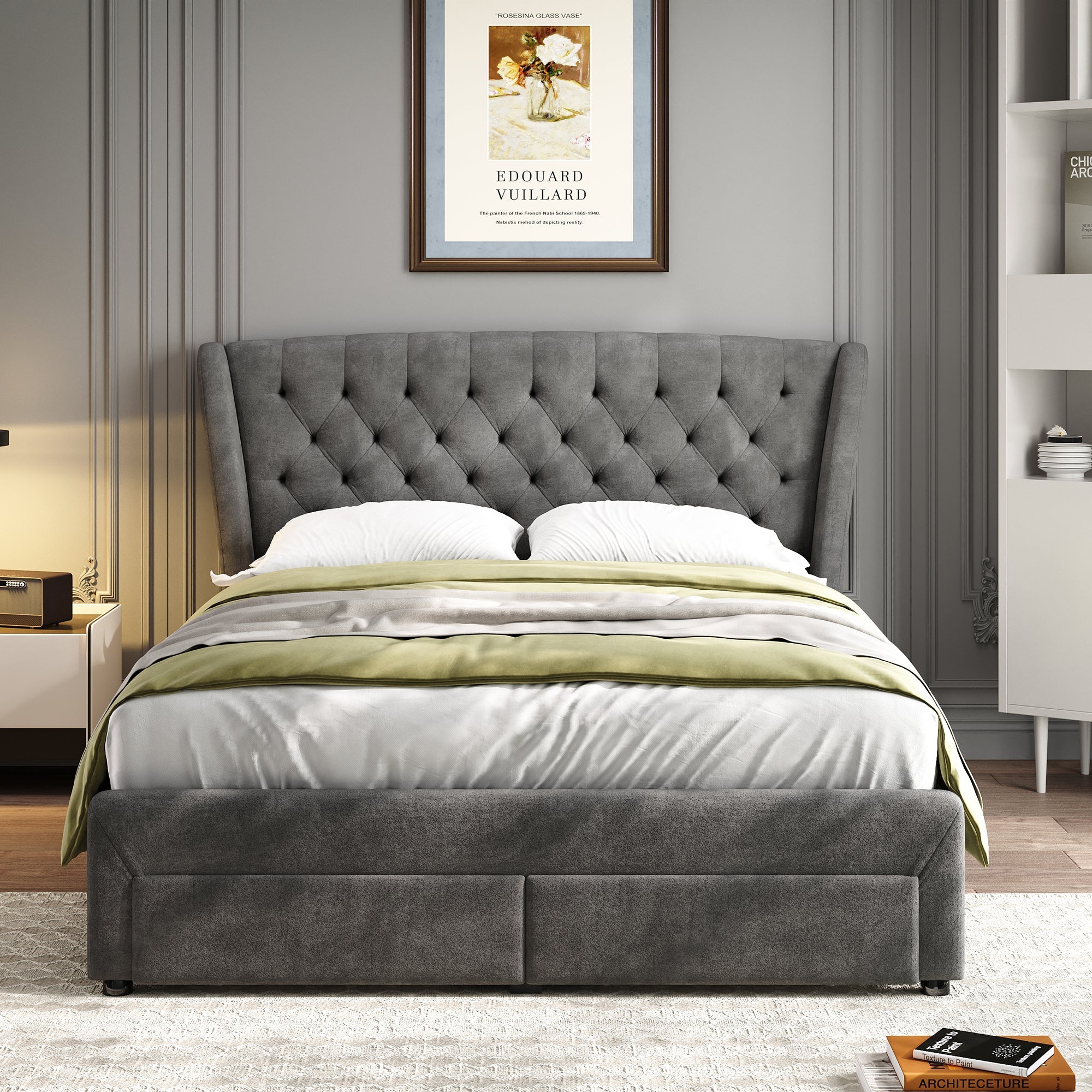 Upholstered Storage Bed 4ft6 Double with 4 Drawers, Soft Backrest & Metal Slats, Snowflake Fleece Grey
