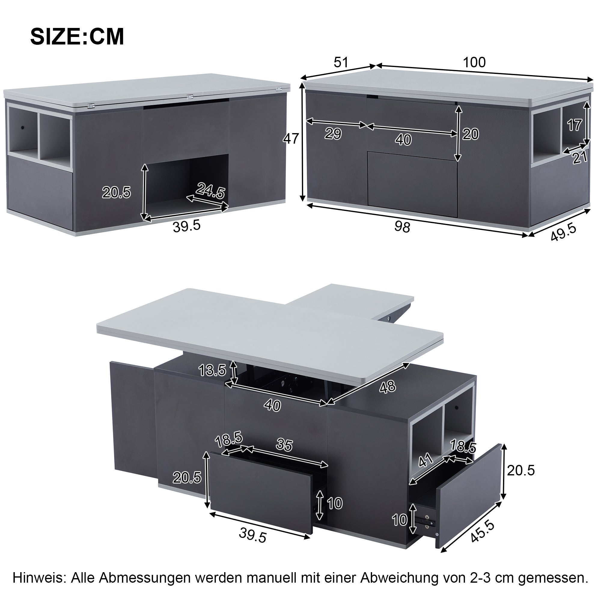 Liftable Multifunctional Coffee Table Opens to 2 Tables Large Capacity - Dark Grey/Light Grey