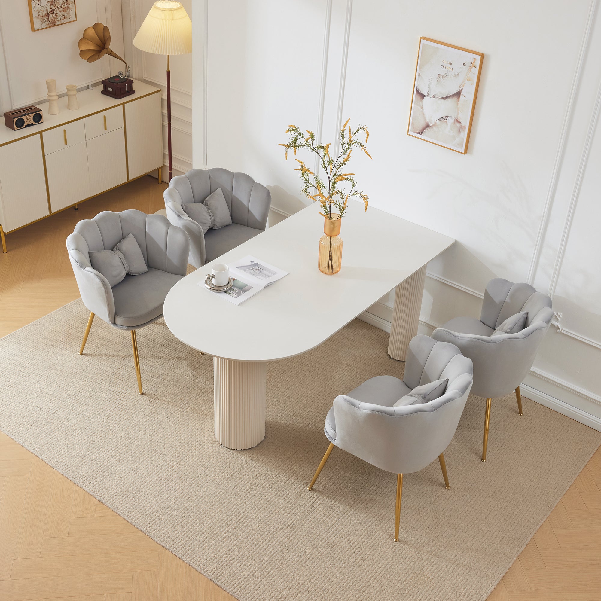 Chairs, Set of 4 Velvet Upholstered with Petal Back & Gold Legs, Modern