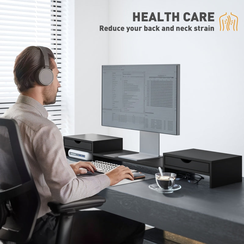 Dual Monitor Stand Riser with 2 Drawers Adjustable Length and Angle, Black