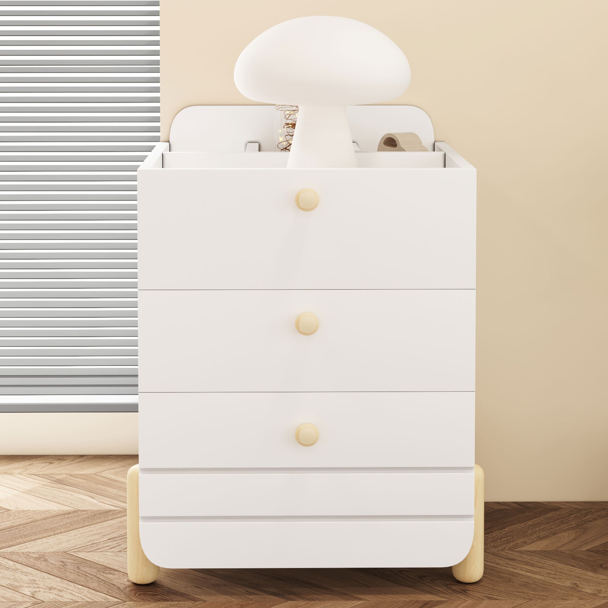 Bedside Table with 3 Drawers, Silent Design, Wood Feet, White