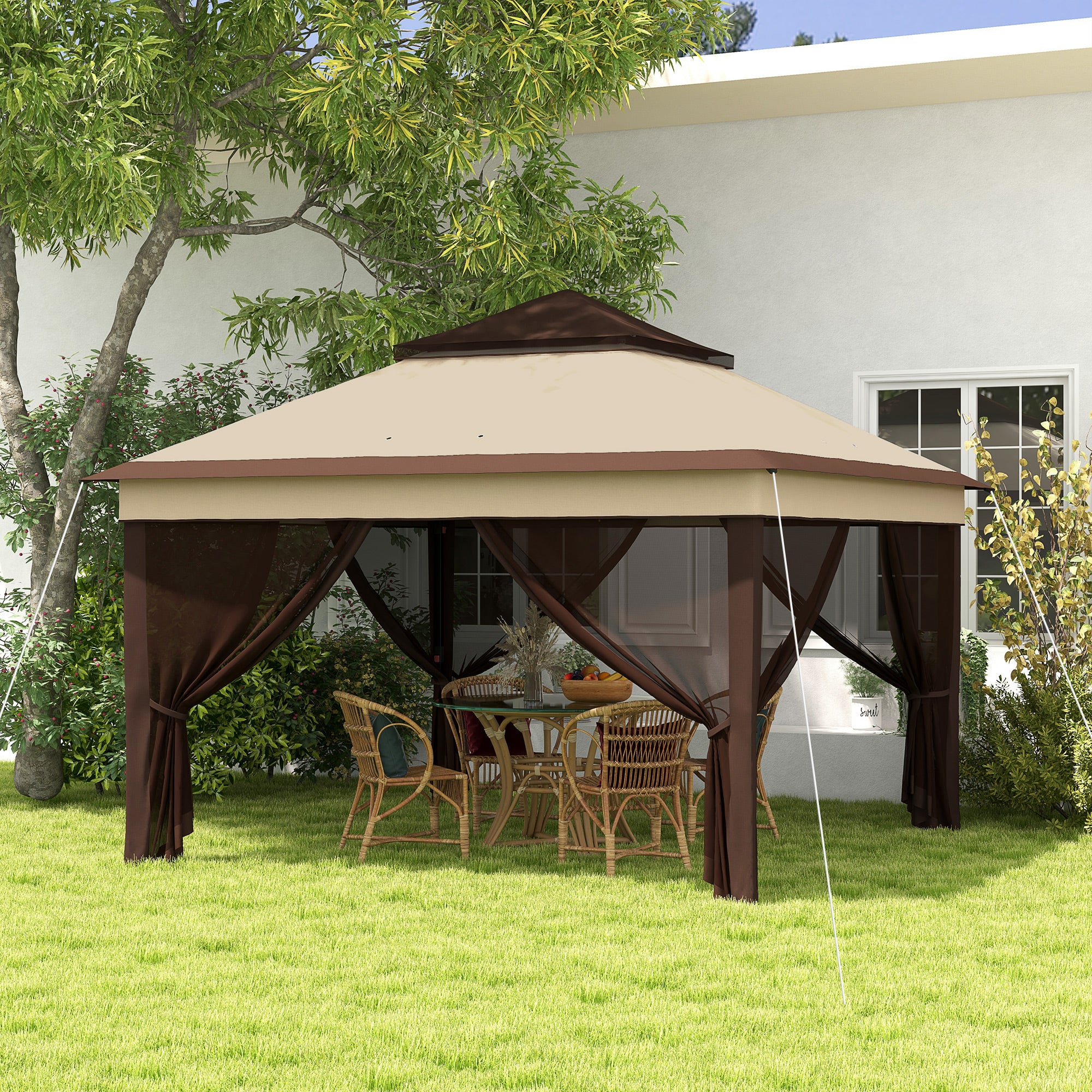 Pop Up Gazebo, 3 x 3m Height Adjustable Event Shelter with Netting and Carrying Bag, Beige
