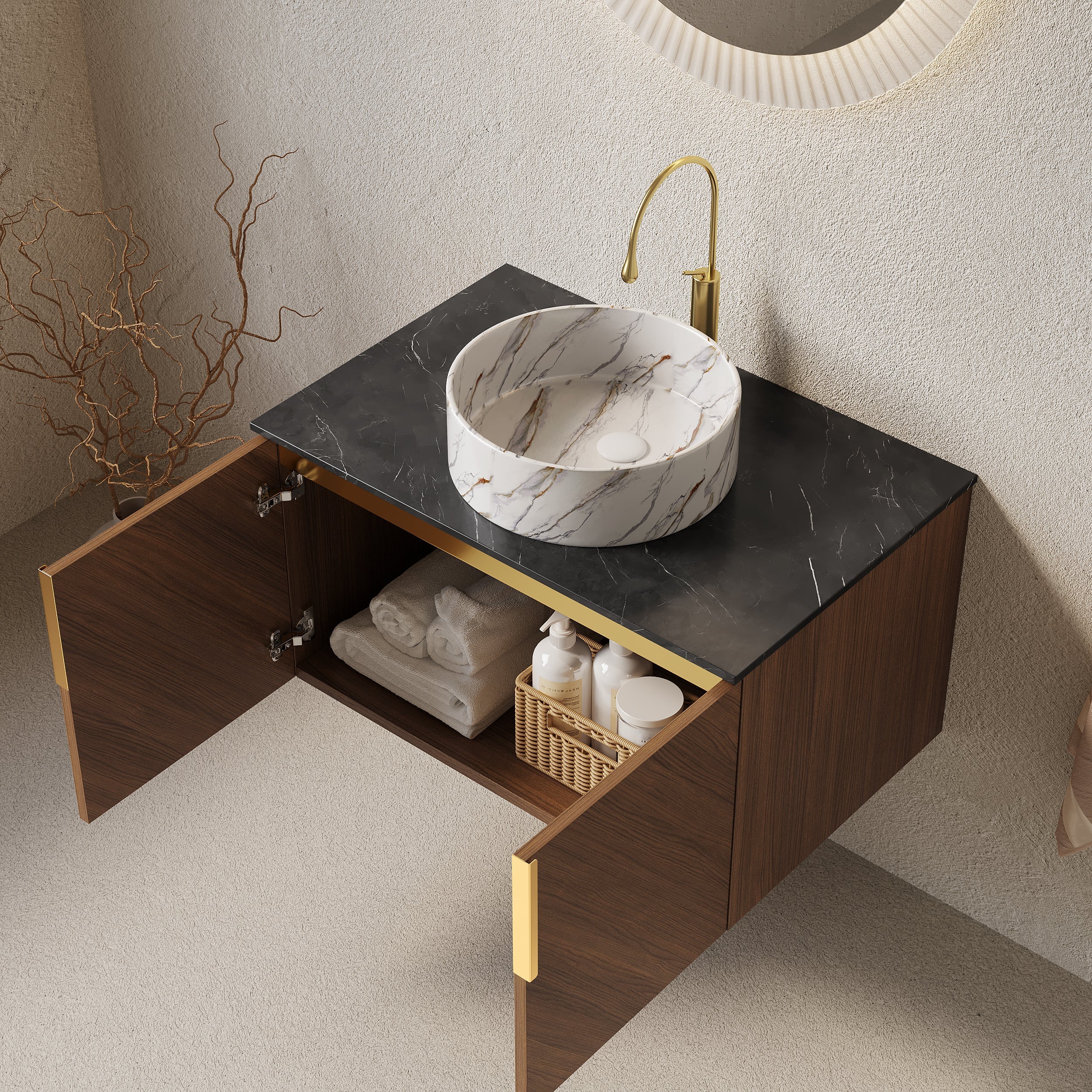 ARAI 76cm Wall-Mounted Bathroom Vanity Unit with White Ceramic Basin, Black Sintered Stone Countertop, Espresso Plywood