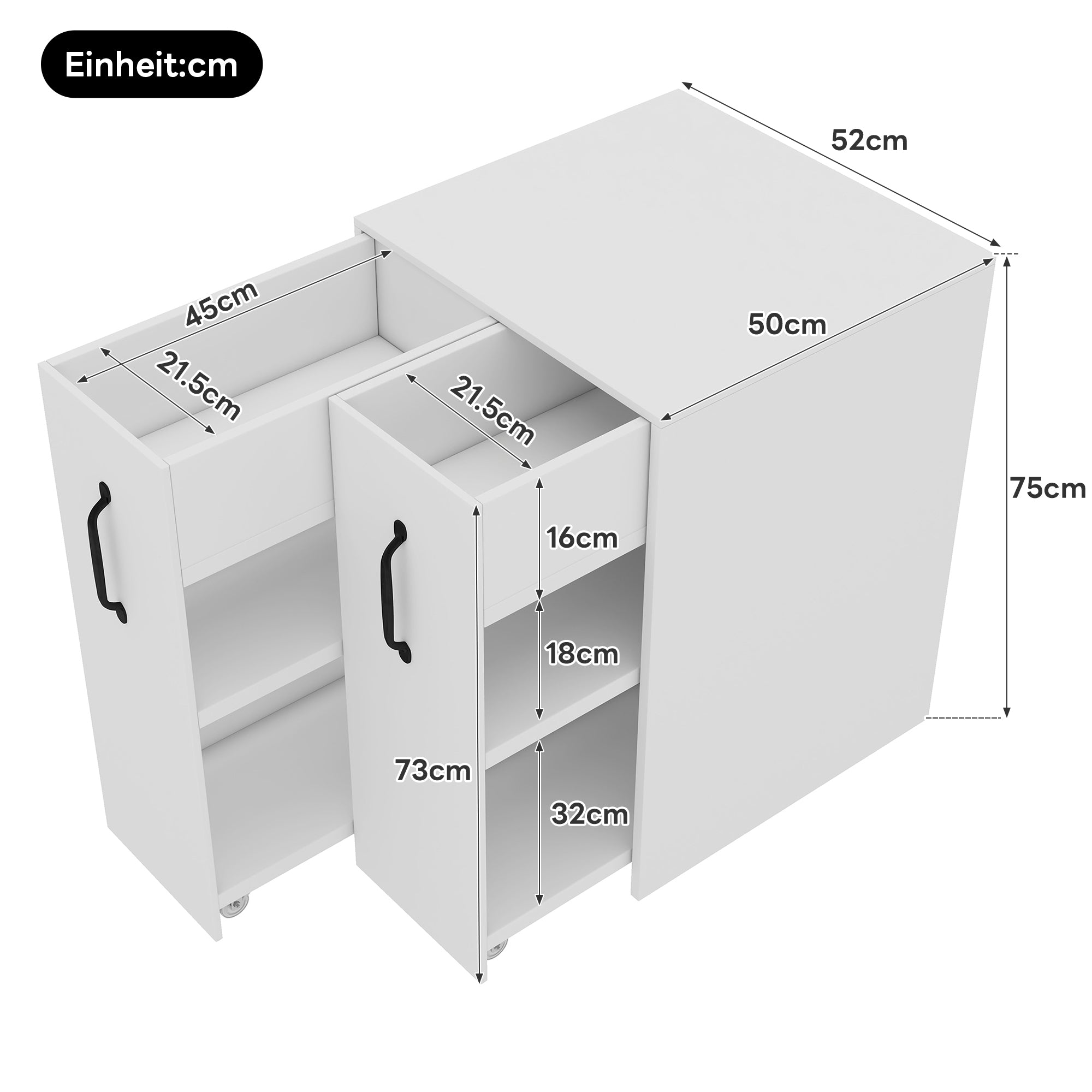 Small Bookcase with Wheels Extendable Reversible Shelves & Drawers