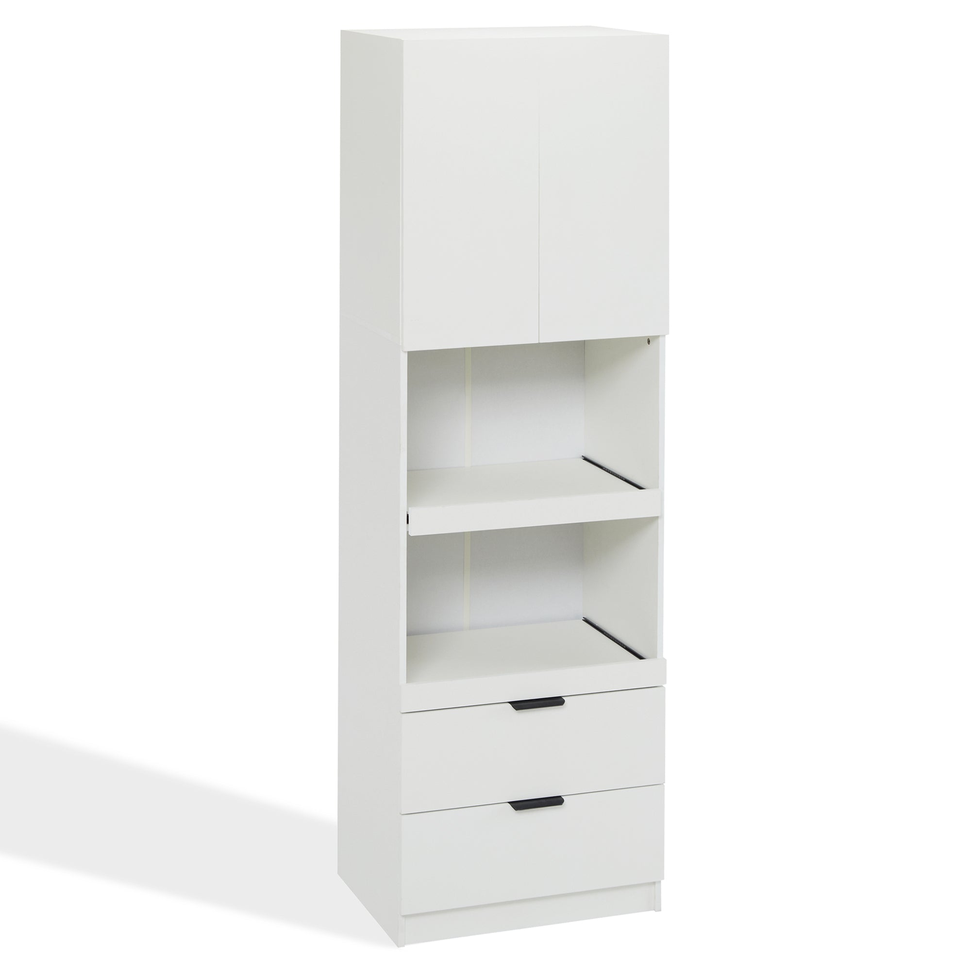 Tall Storage Cabinet 200cm High Doors Drawers Microwave Shelf - White