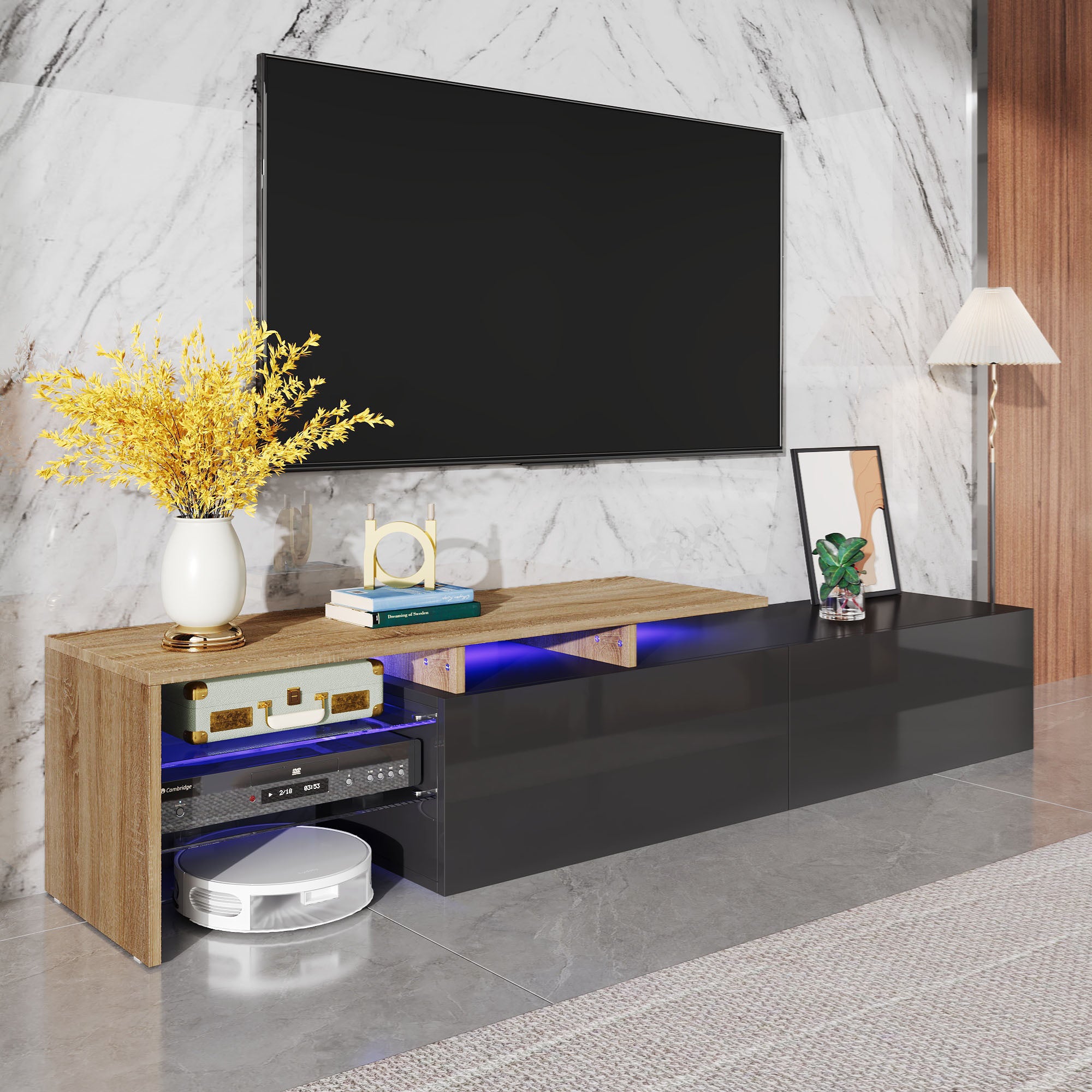 Modern TV Cabinet: Stylish, Elegant, Storage with Glass Shelves, LED Lighting, Black and Wood