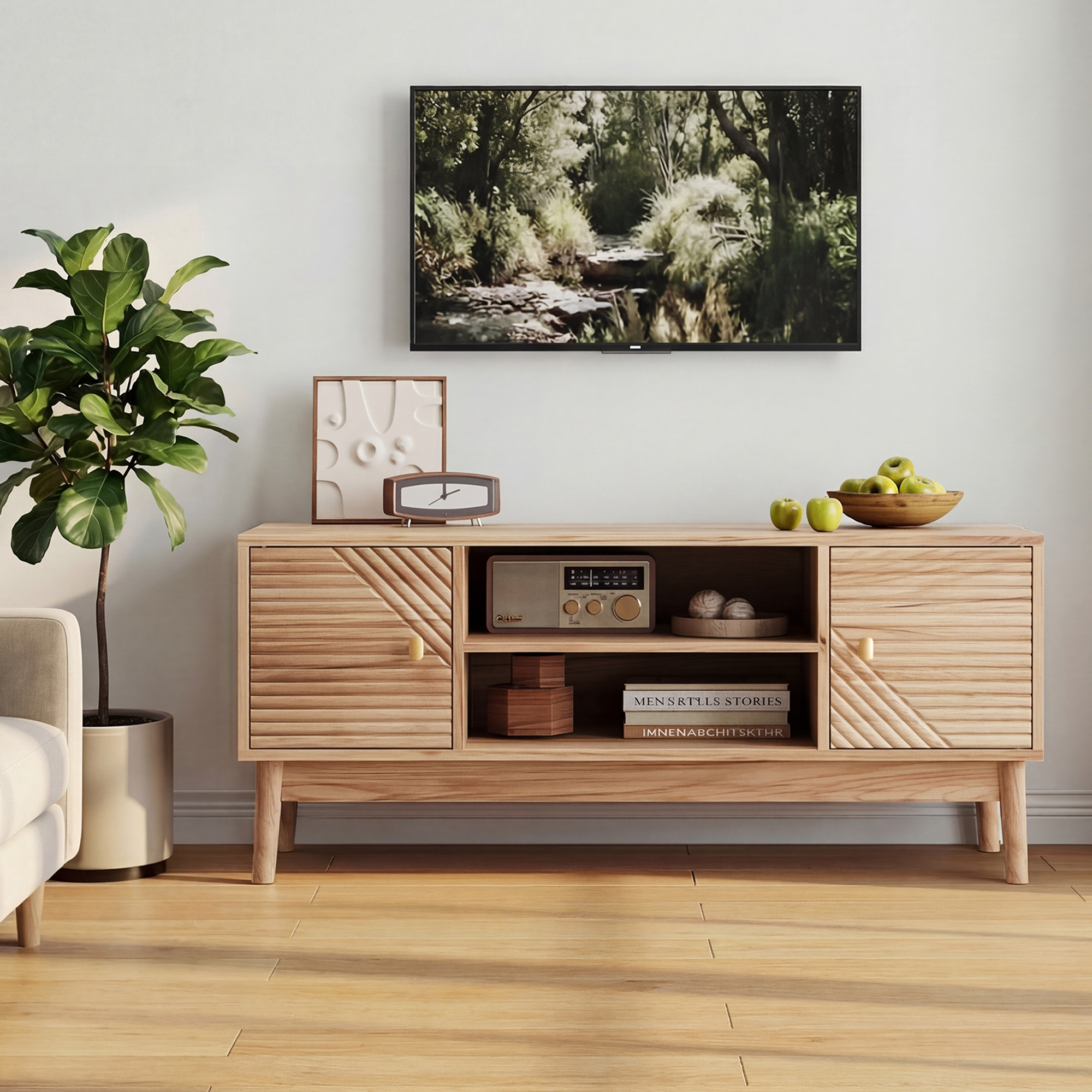 TV Stand 110cm High Mid-Century Modern Storage Media Console - Oak Color