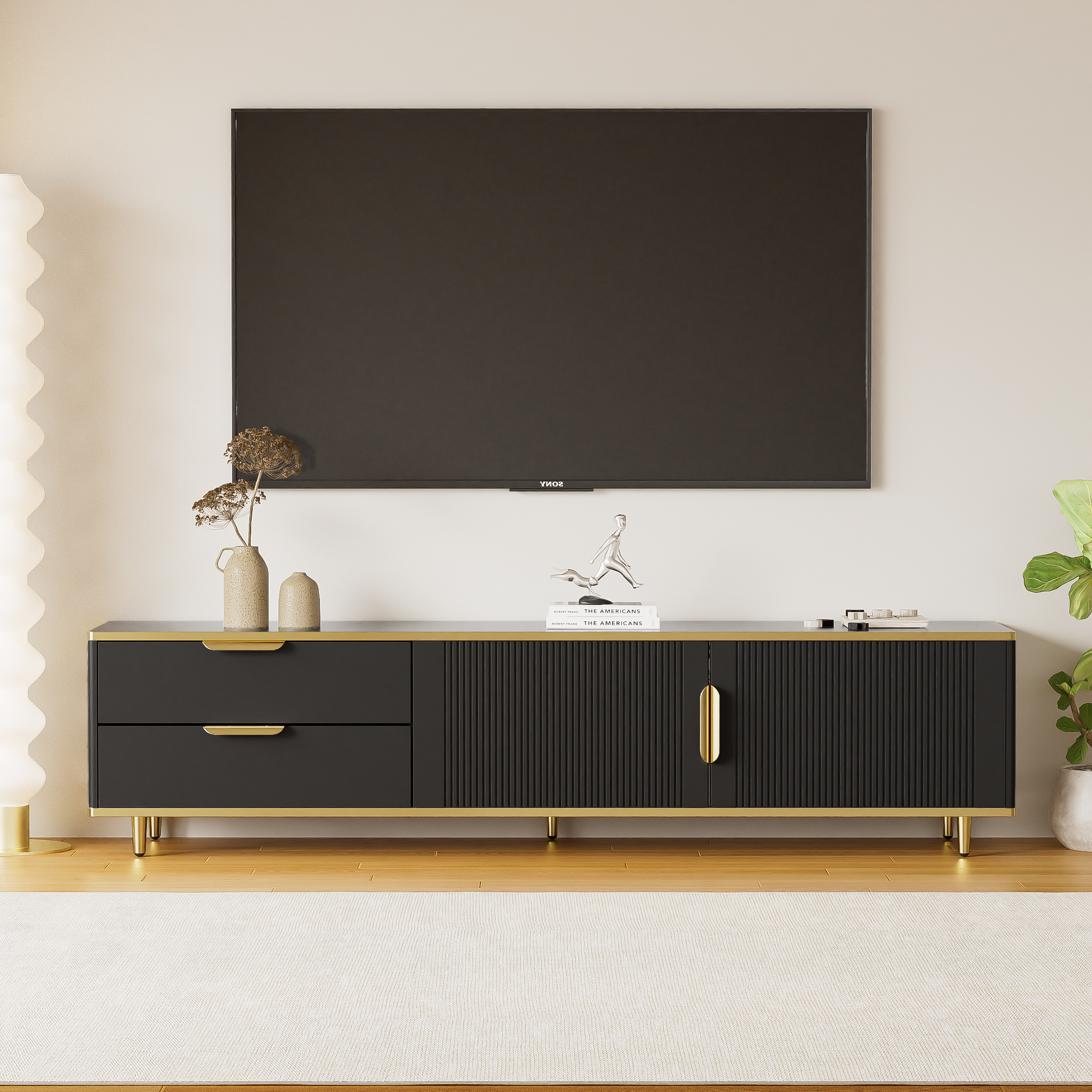 TV Cabinet, Lowboard with Carved Structure, Golden Accents