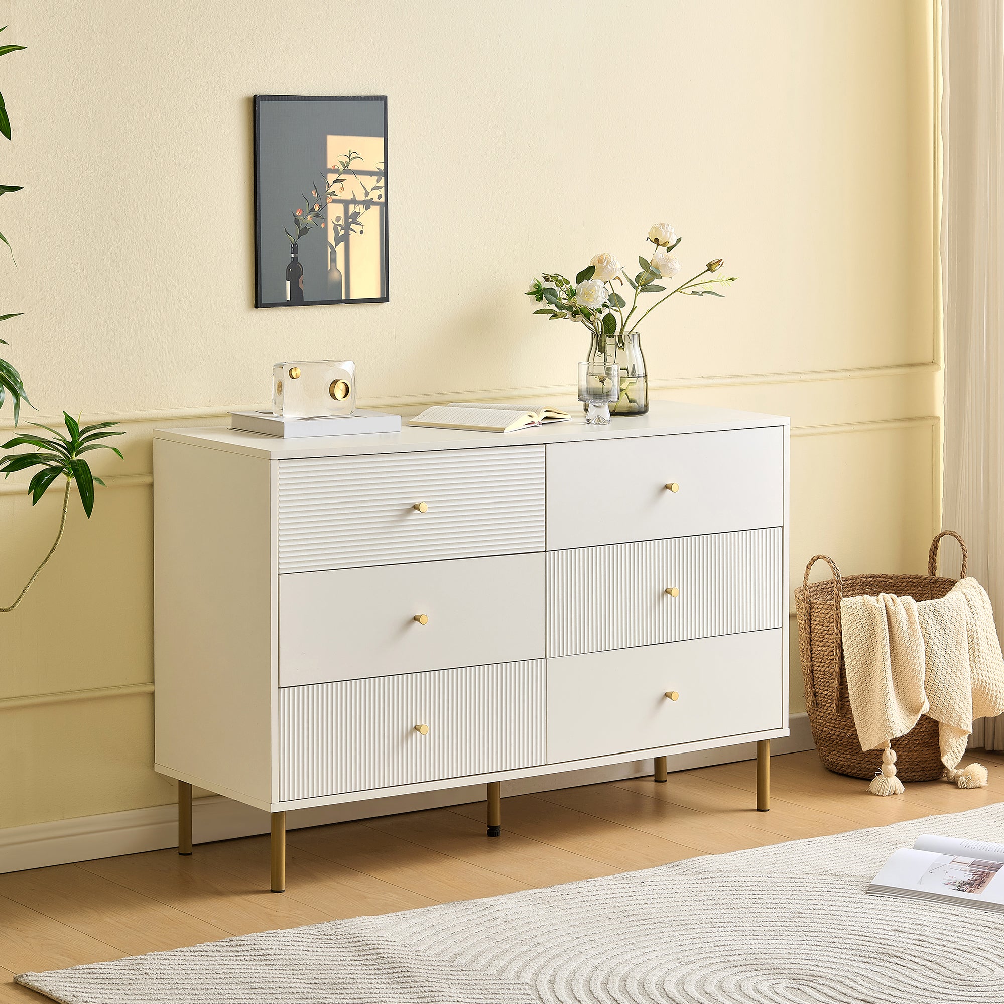 Chest of Drawers, 6-Drawer Storage with Steel Legs, White MDF