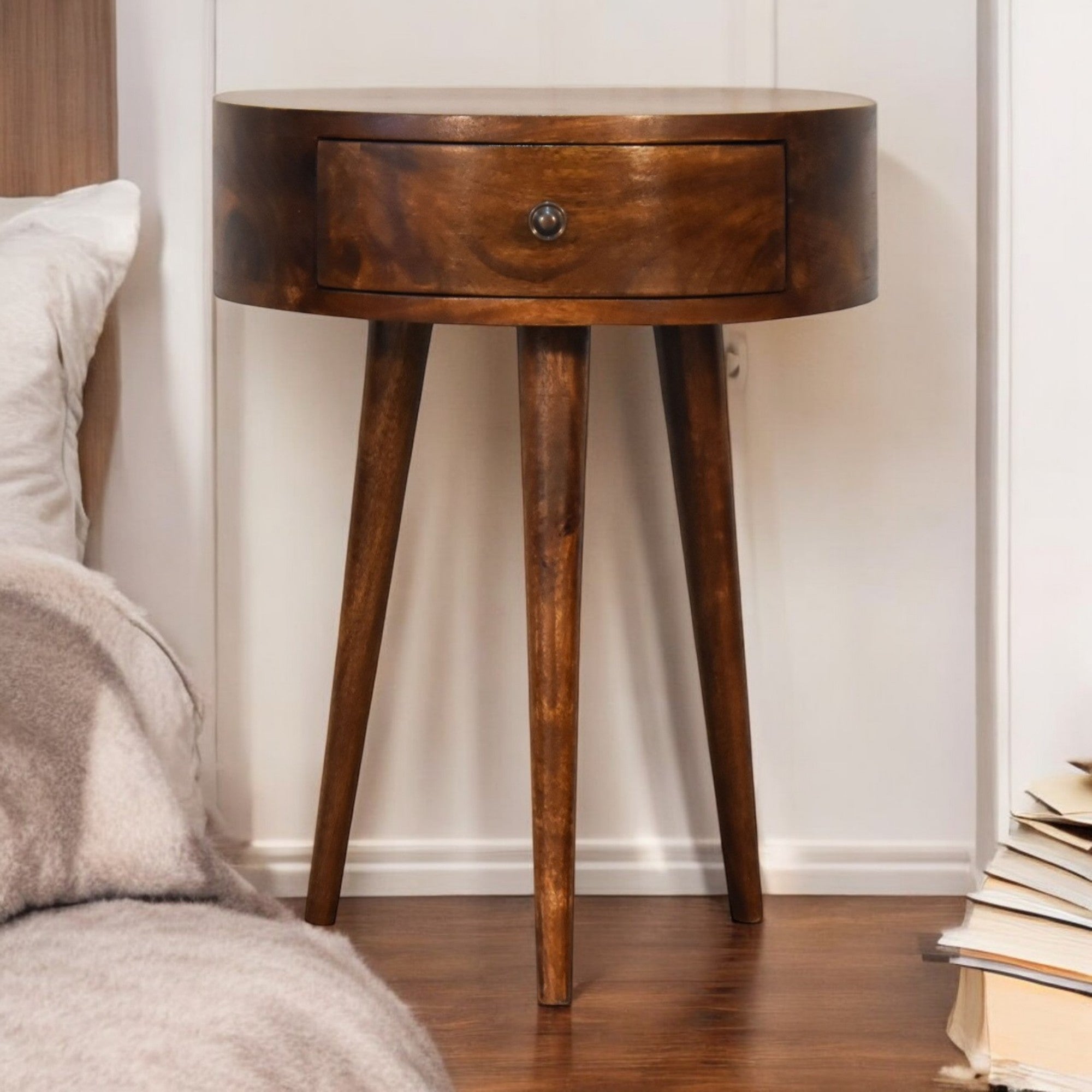 Solid Wood Semi Circle Bedside, 1 Drawer, Dark Brown Chestnut