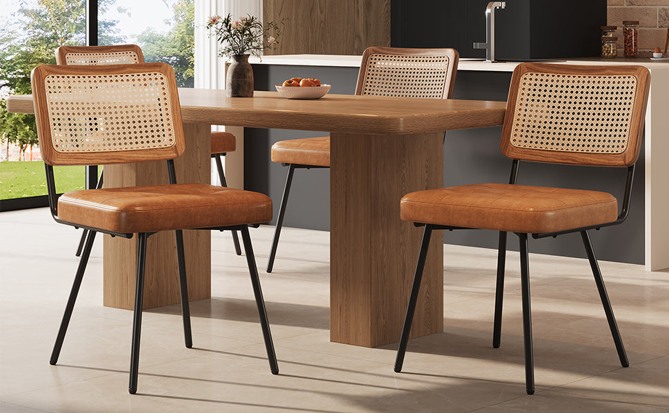 Ergonomic Dining Chair Set of 4, Rattan Retro Design, Faux Leather