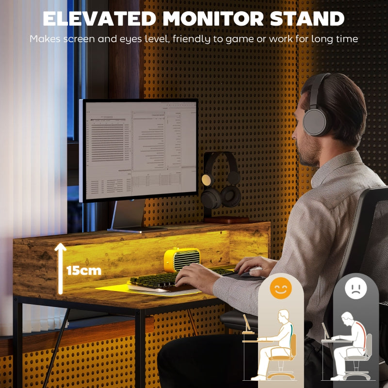 100cm Computer Desk, LED Lights Power Outlets Monitor Stand, Rustic Brown