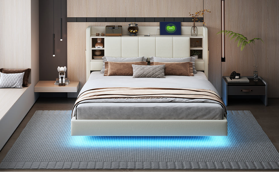 Upholstered Bed 160 x 200 cm, USB Socket, Light Strip, Reversible Headboard, Beige Linen Fabric
