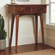 Solid Wood Mini Hallway Console, 2 Drawers, Nordic Legs, Chestnut Brown