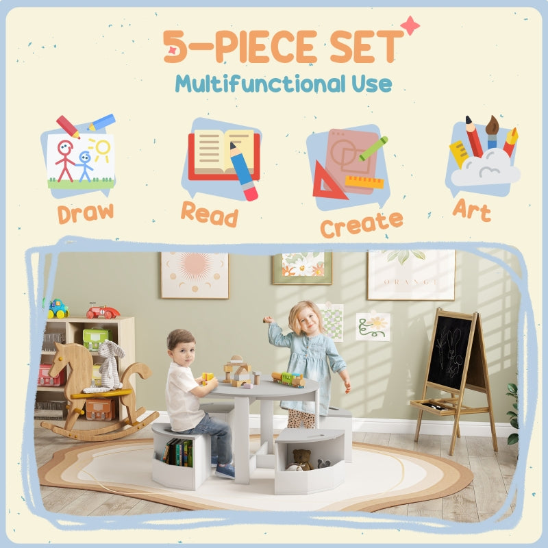 Five-Piece Kids Table and Chairs Set Storage Ages 3-8 Years, Grey