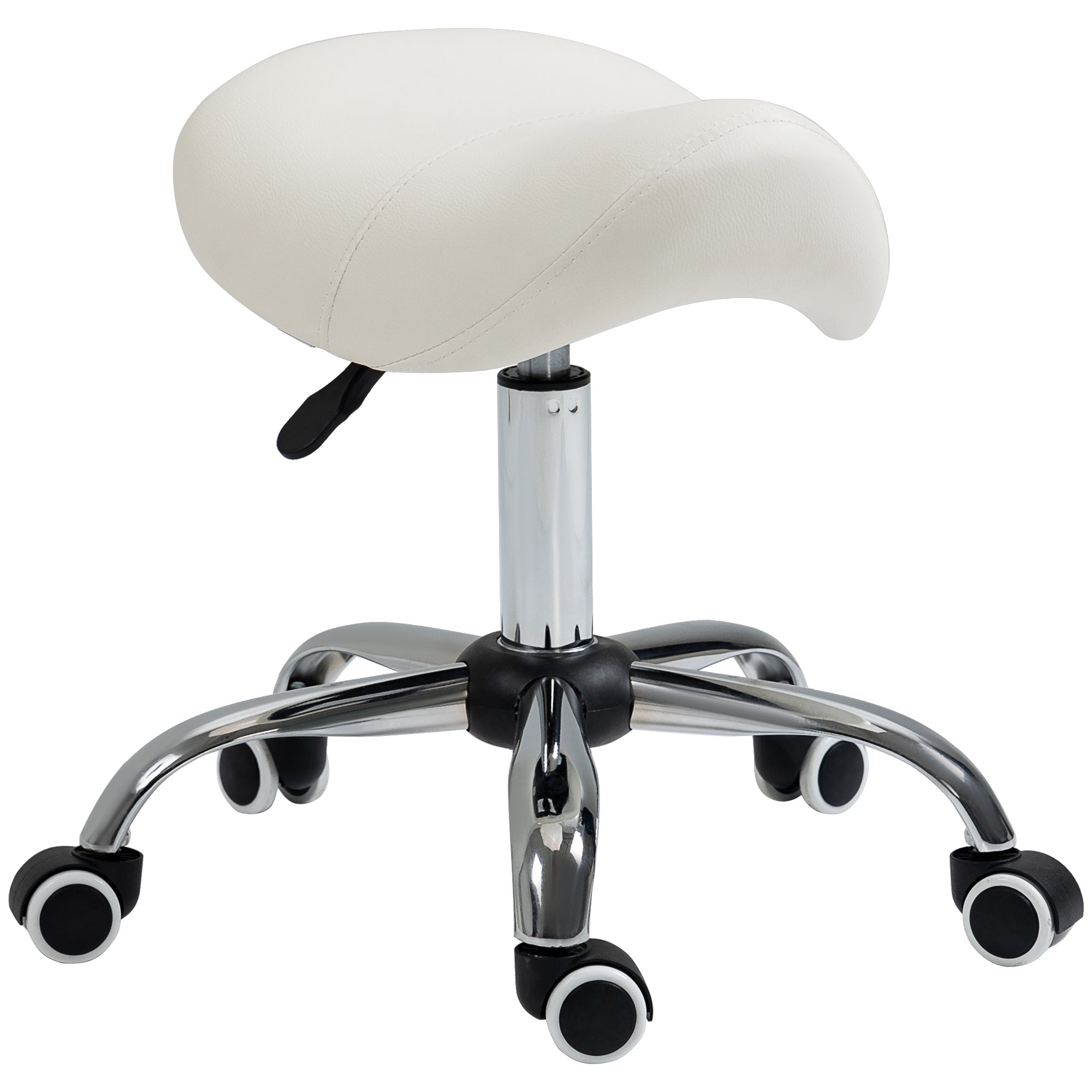 Cosmetic Stool, 360° Rotate Height Adjustable Hydraulic Rolling Saddle Chair, Faux Leather Cream