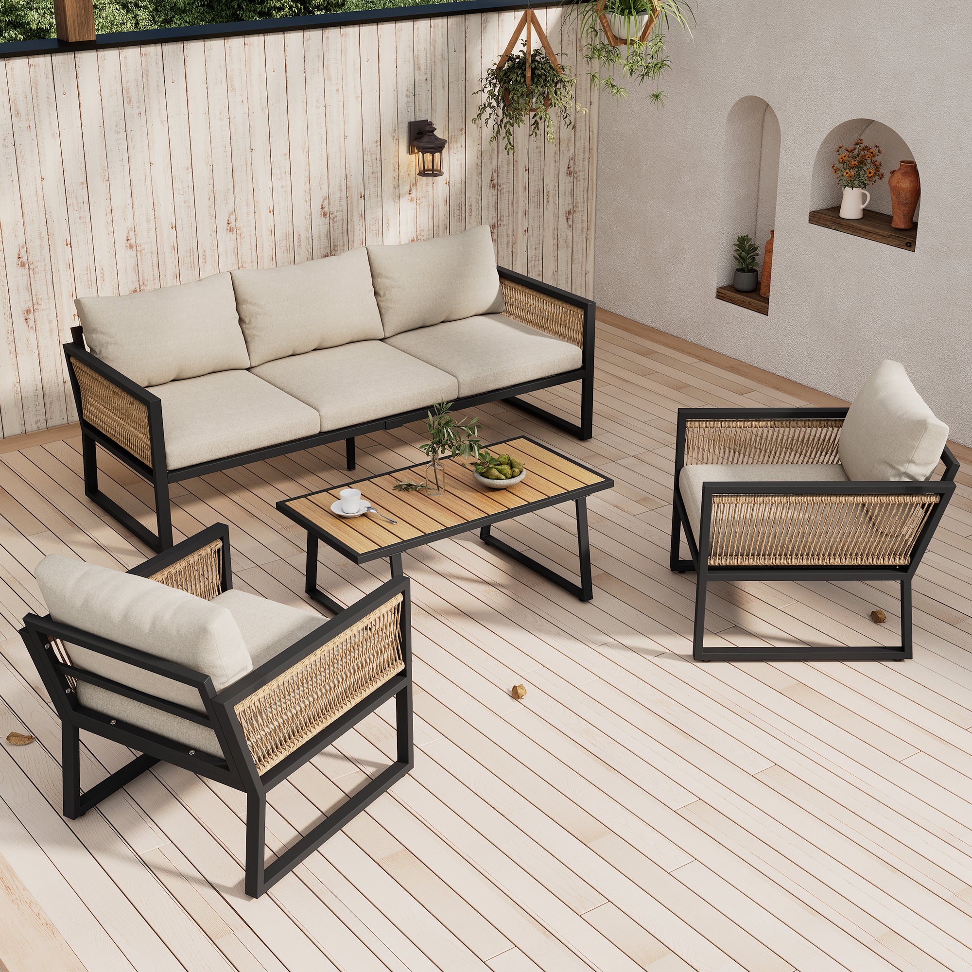 4-Piece Garden Lounge Set with 3-Seater Sofa, Armchairs and Coffee Table, Beige Wood Look and Galvanized Steel