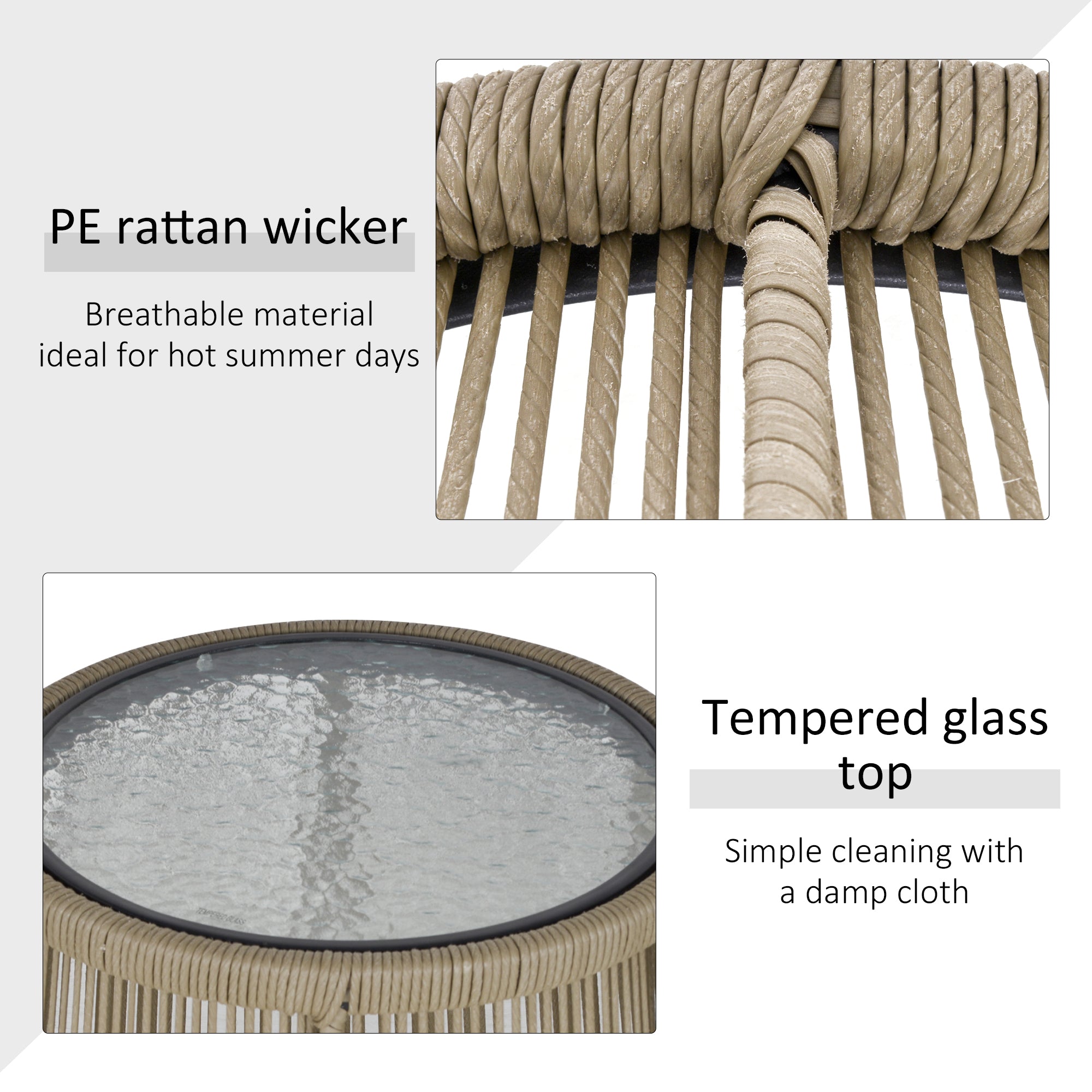 3 Pieces Rattan Bistro Set, Wicker Furniture with Cushions and Glass Top Table, Brown