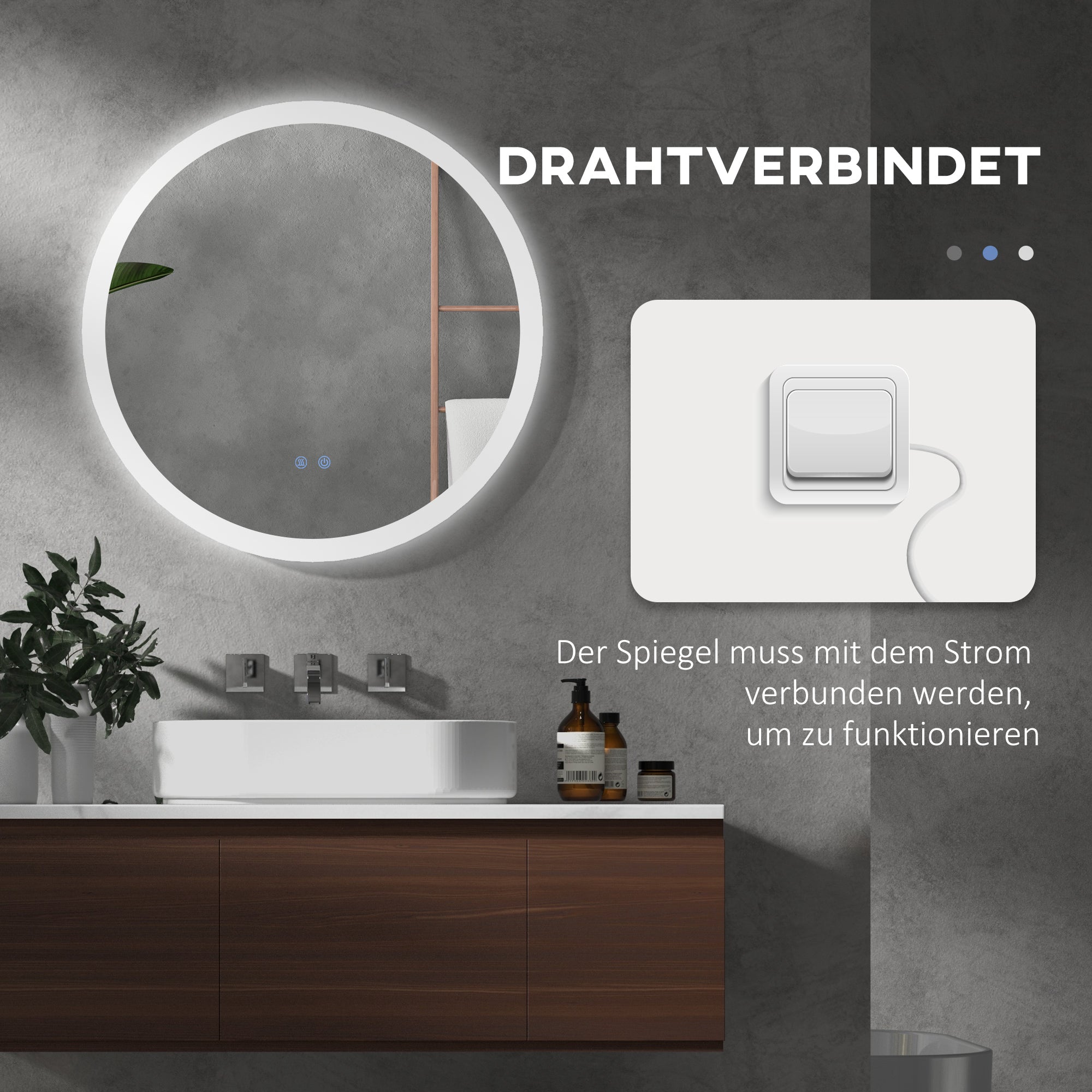 Illuminated Bathroom Mirror, Ø70 cm, 3 Light Colors, IP44, Anti-Fog, Wall Mirror