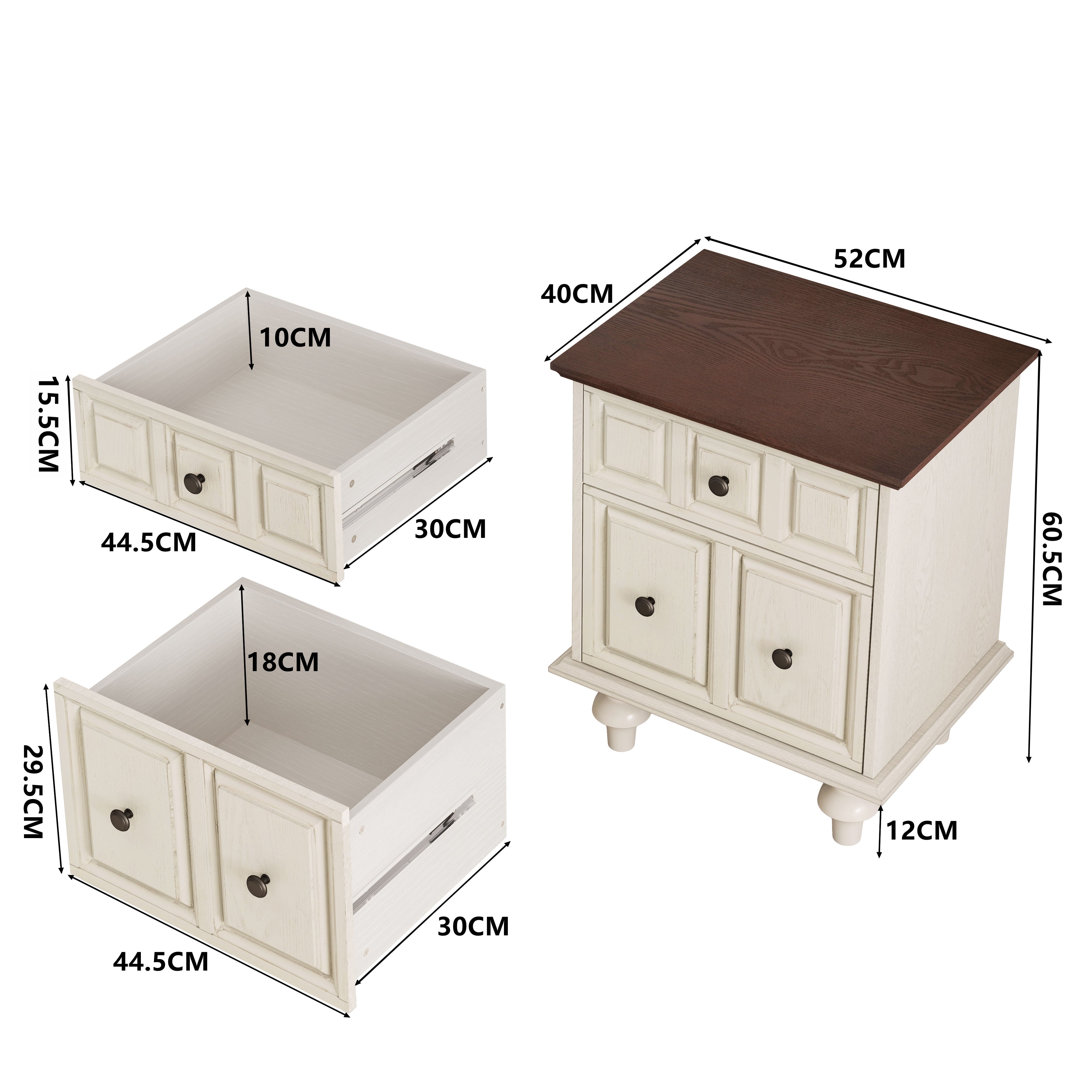 52cm Vintage Bedside Table with 2 Drawers, Roman Column Legs, Solid Wood, Antique White