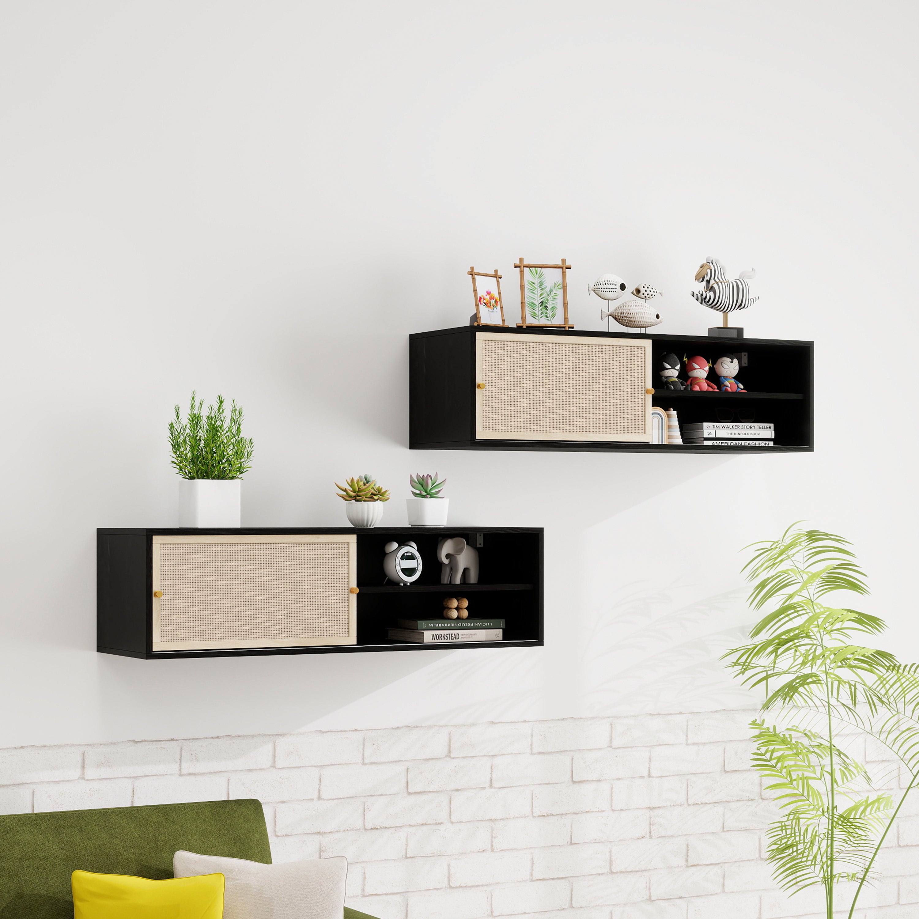 Wall Cabinet rectangular with sliding doors, rattan weave, 110 cm, black