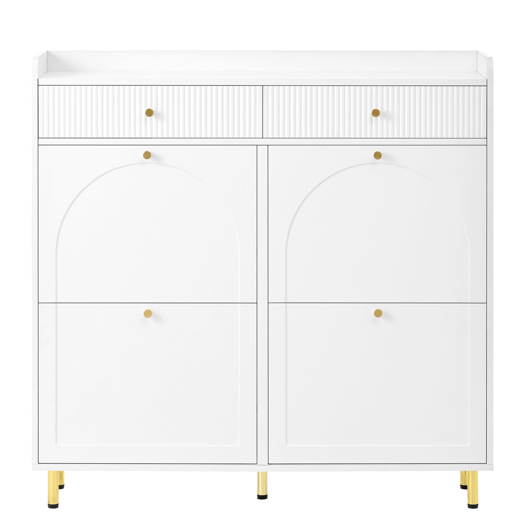 Shoe Cabinet Narrow 4 Hinged Doors 2 Drawers Metal Handles White