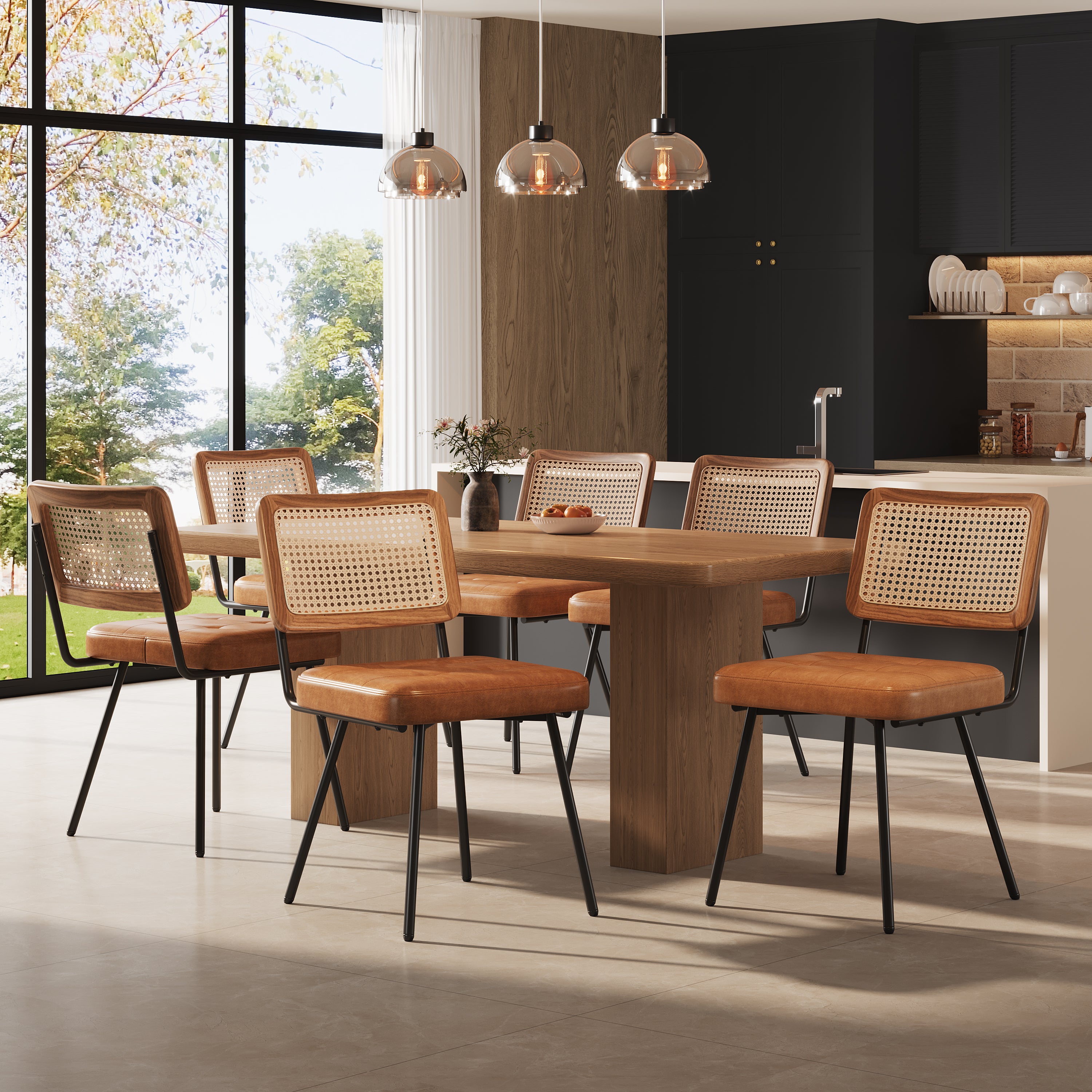 Ergonomic Rattan Dining Chairs with Vanity and Lounge Function, Set of 6, Faux Leather