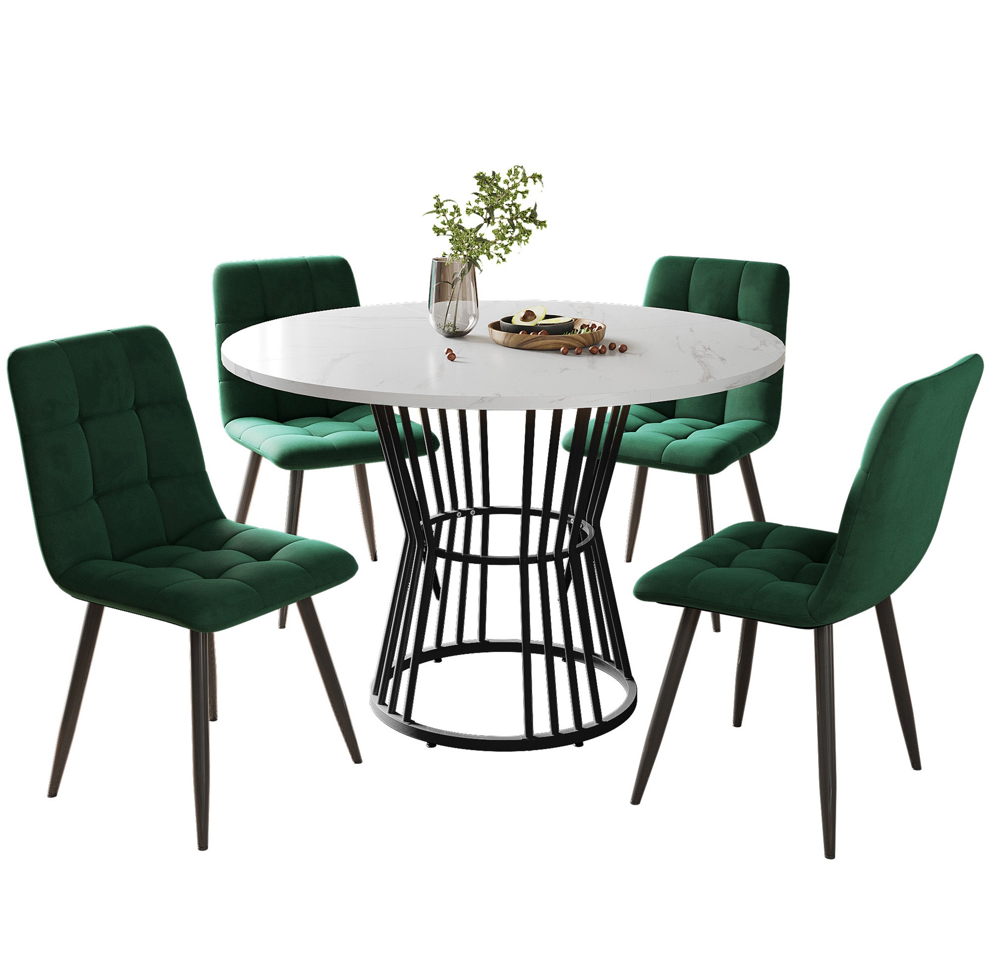 Dining Table Set, 5-Piece Round with 4 Chairs, White MDF & Green Velvet