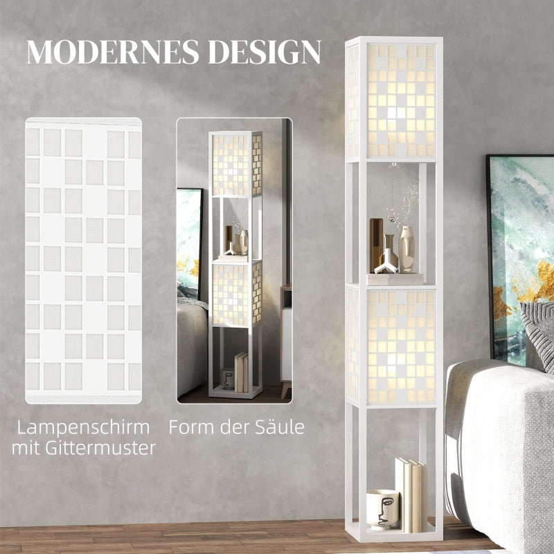 Floor Lamp, 2 Compartments E27 Socket Lattice Pattern Column with Foot Switch and Pull Chain, White