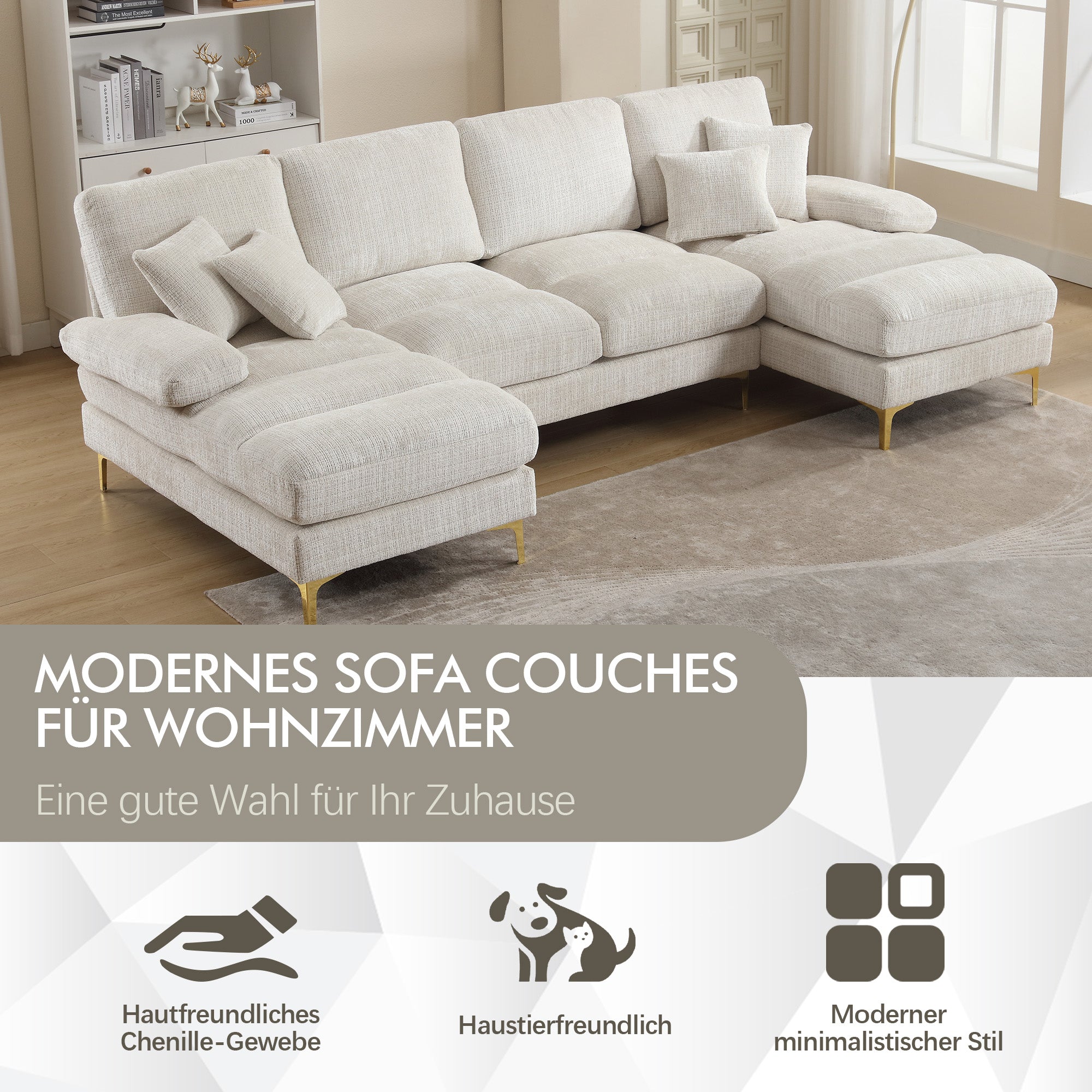 Modern Large Chenille U-Shape Sectional Sofa, Double Reclining Seats, for Living Room, Bedroom, Office, Apartment, Villa, Home, by the Fireplace