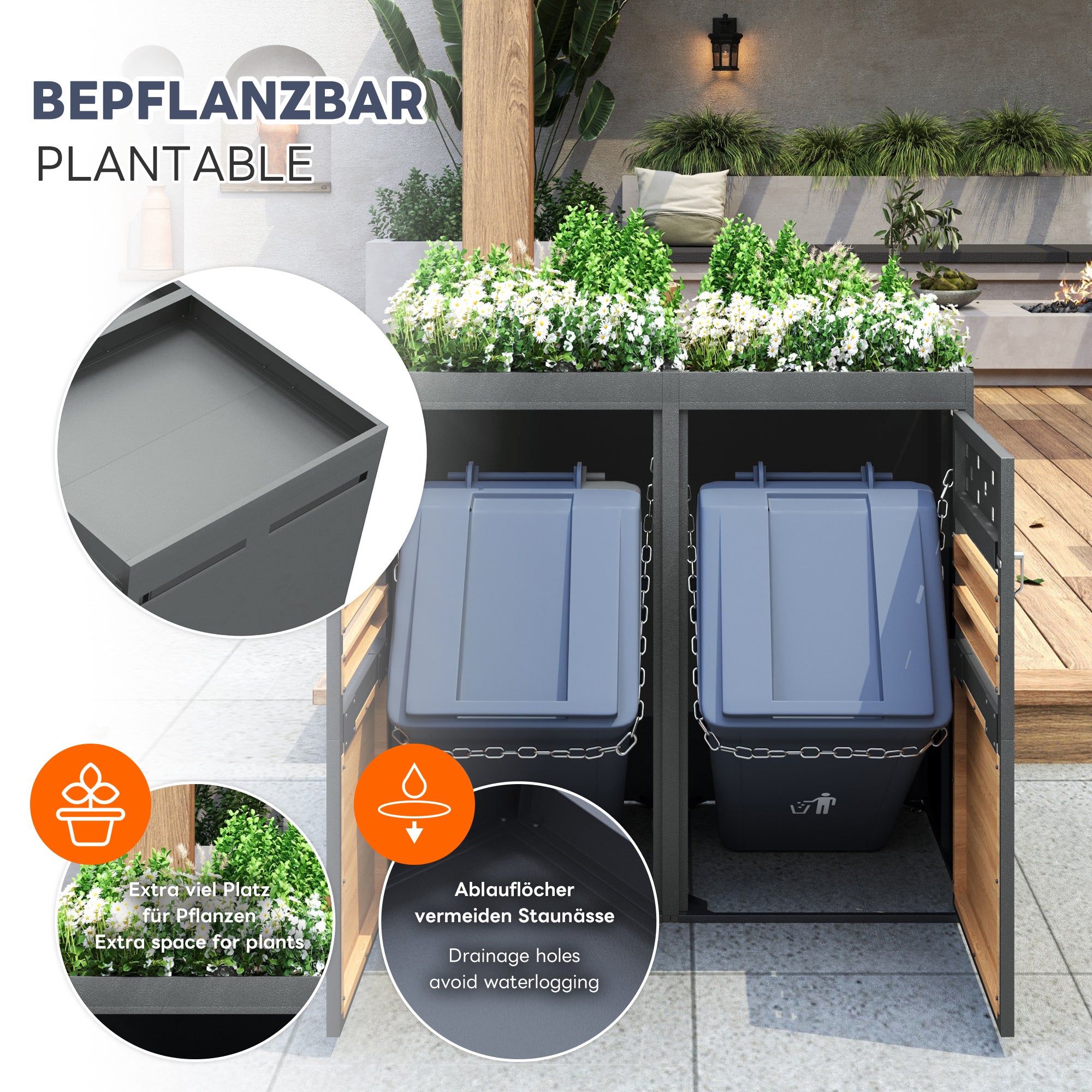 Garbage Can Storage Box, 4-Person with Planting Roof, 120-240L, Anthracite Wood-Look