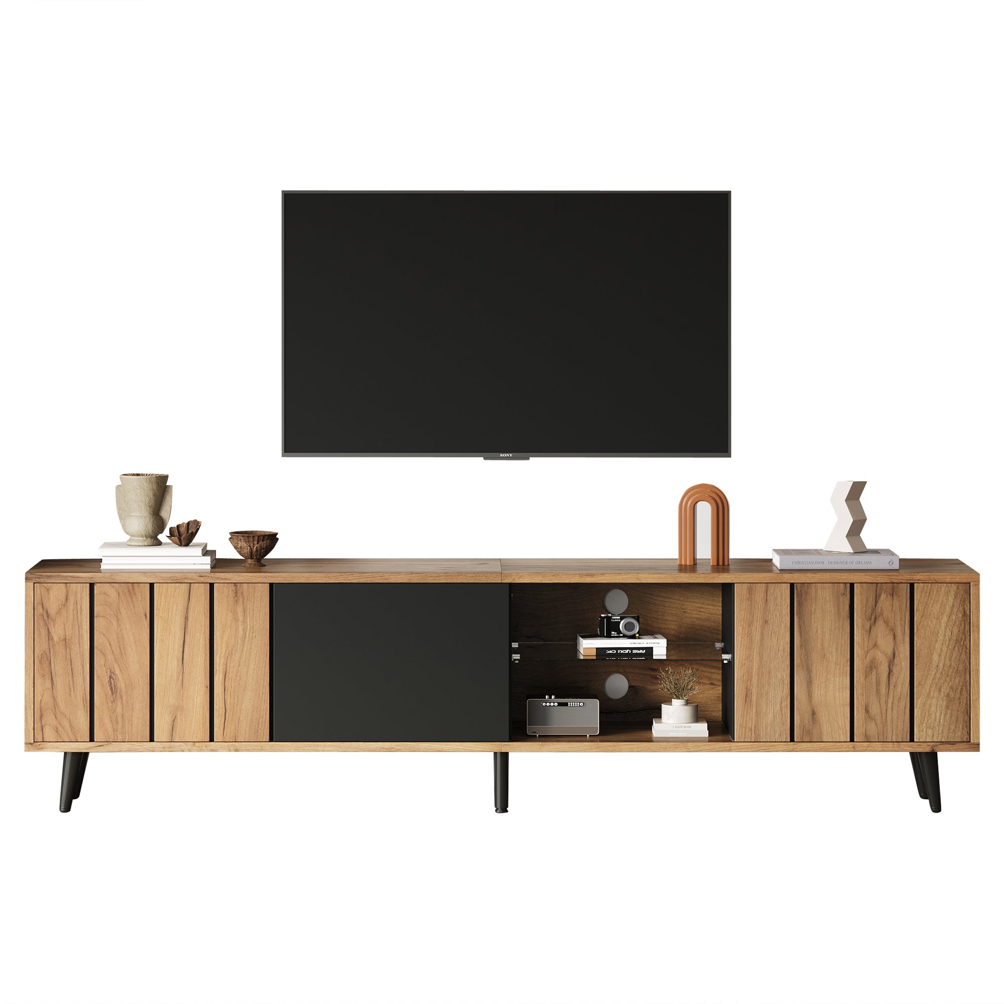 Lowboard TV Cabinet 175x31.5x45cm for 75-inch TVs with 3 Cabinets Wood Black