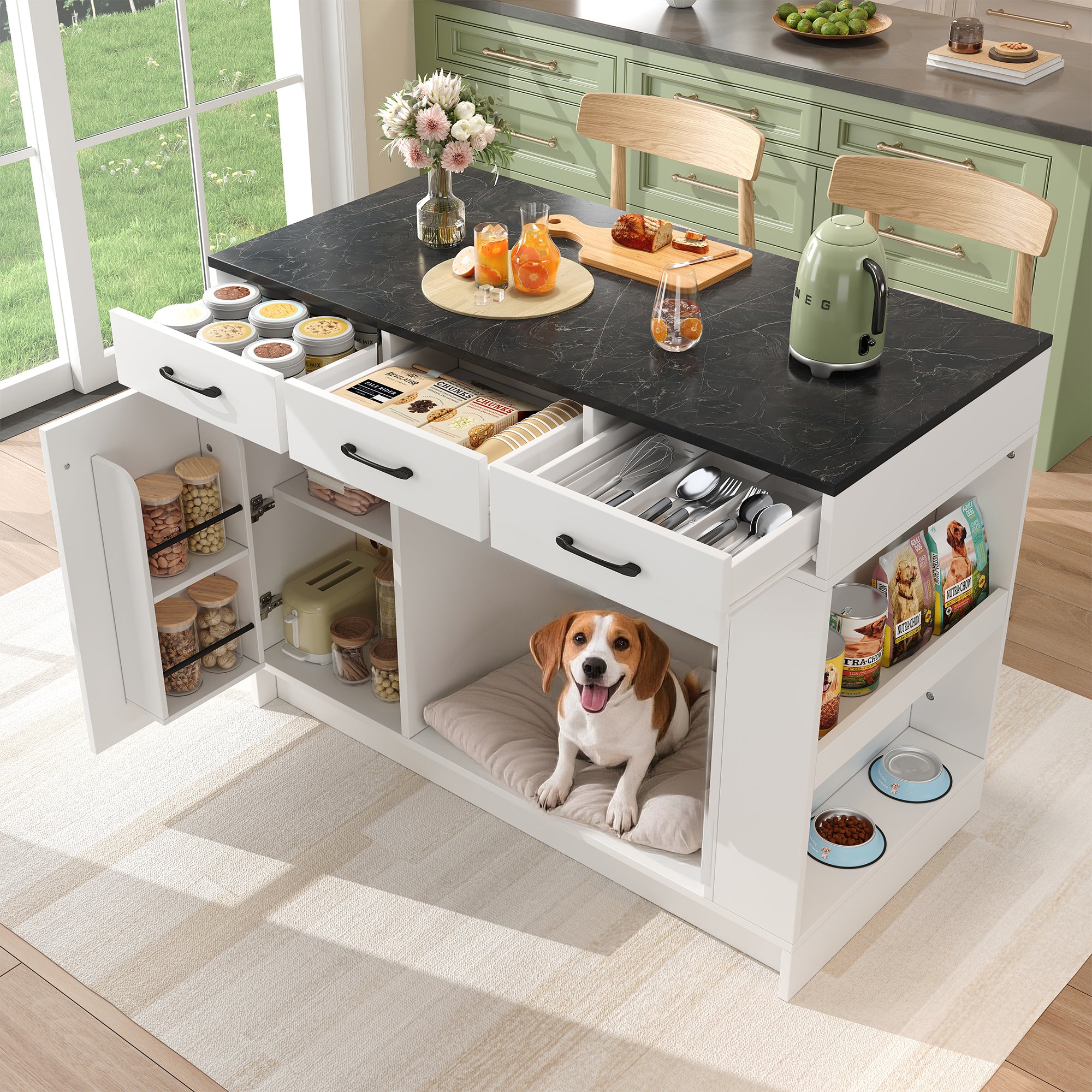 Kitchen Island with 3 Drawers Spice Rack Adjustable Shelf Pet Storage 120x60x90cm - White