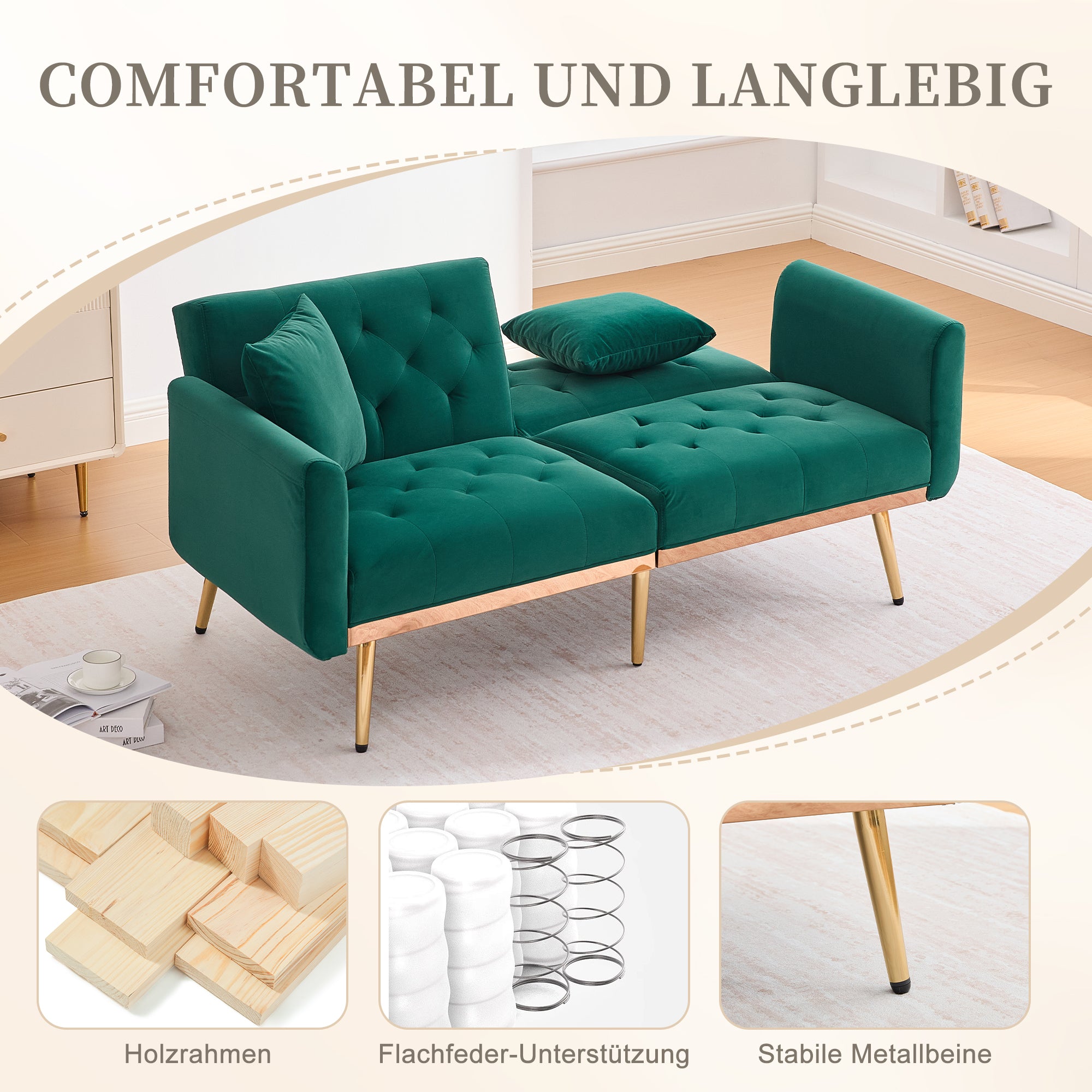 Two-Seater Sofa, Adjustable Backrest Sofa Bed with Metal Legs, Emerald Velvet