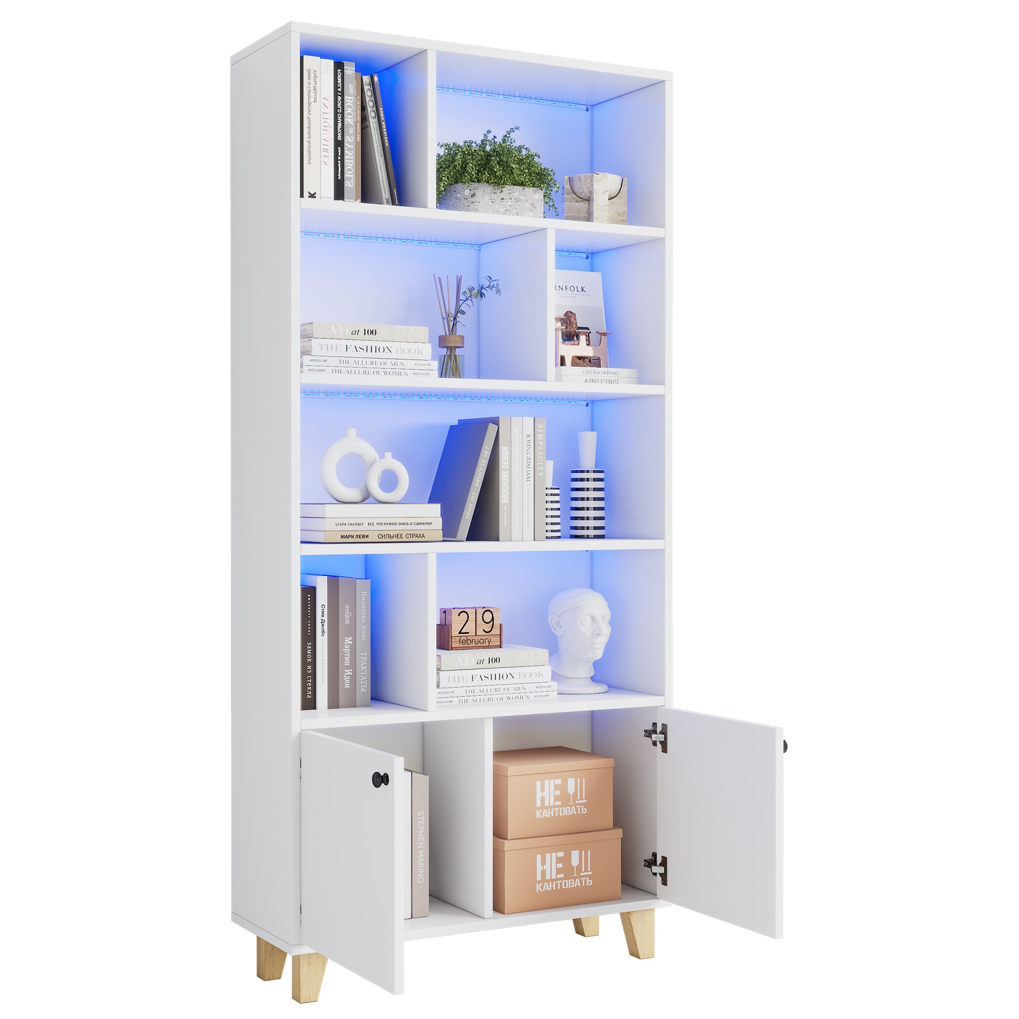 Bookshelf with Solid Wood Legs and LED Ambient Light, White