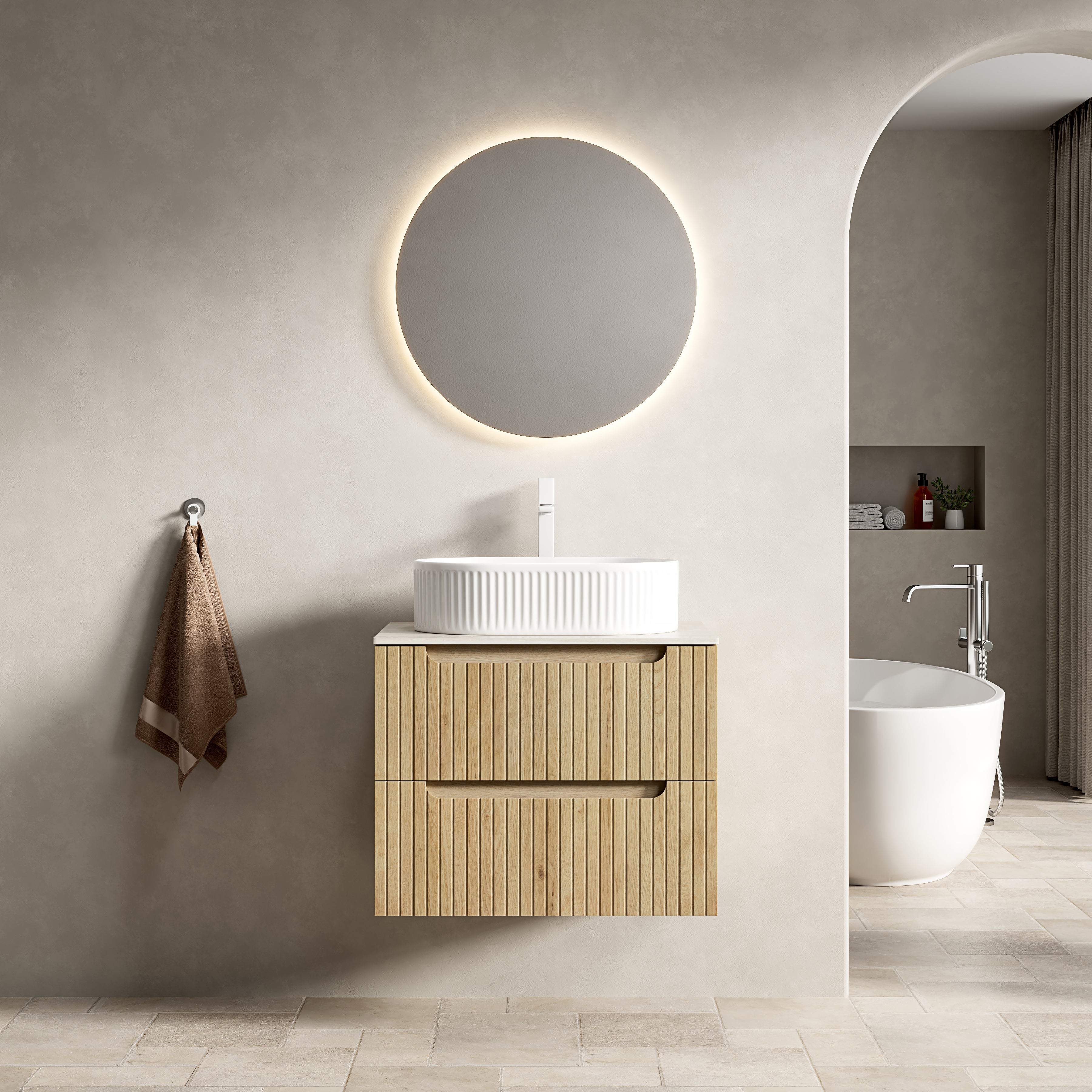 Floating Bathroom Vanity Unit with Oval Sink and Sintered Stone Top, White Oak Wood Grain