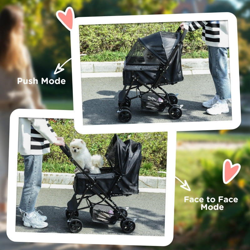 Pet Stroller Pushchair, Foldable Travel Carriage with Reversible Handle, Brake, and Basket
