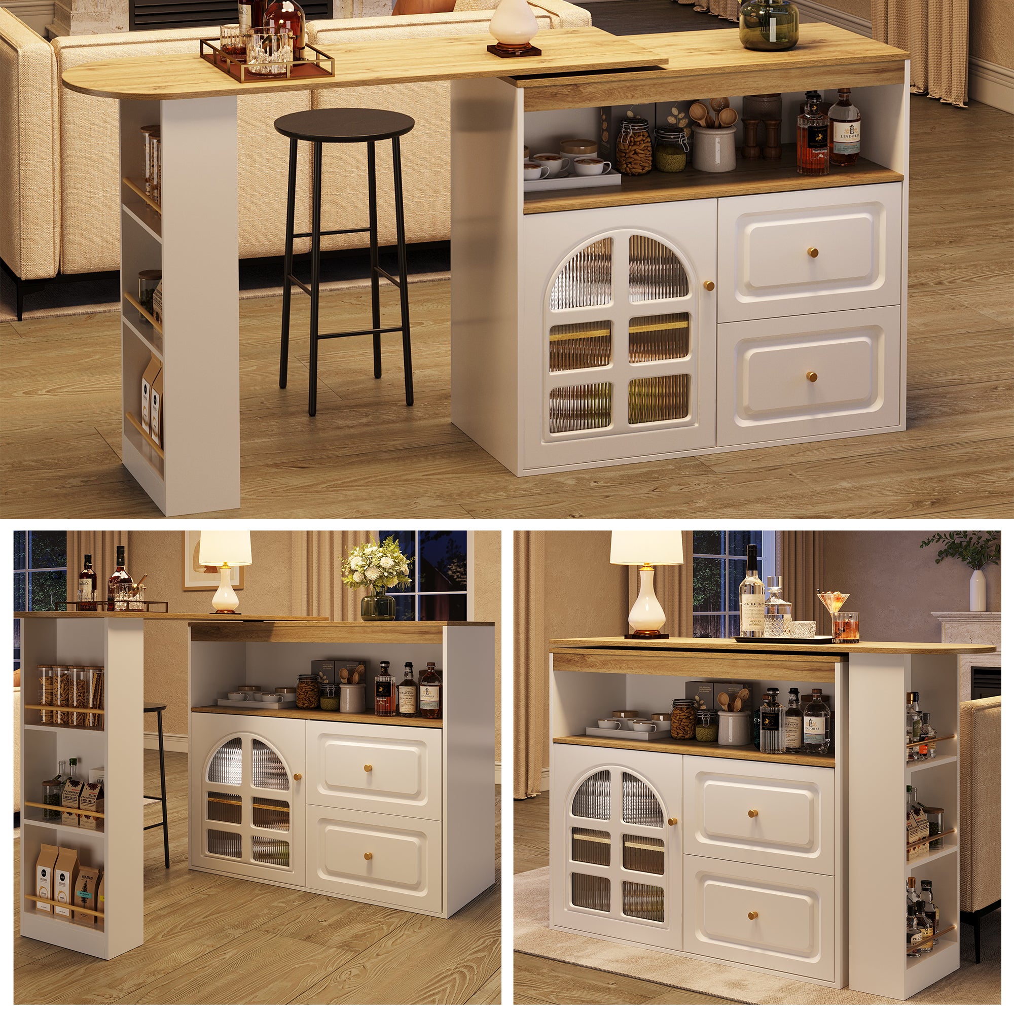 Rotating Dining Bar Sideboard 360° Swivel with 2 Drawers Snack Shelf Curved Glass White