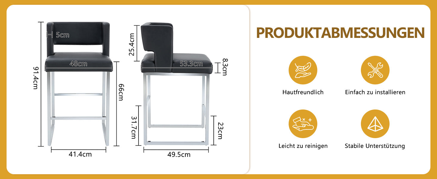 Set of 2 Bar Stools, Nordic Style Square Design Silver Metal Legs, Black