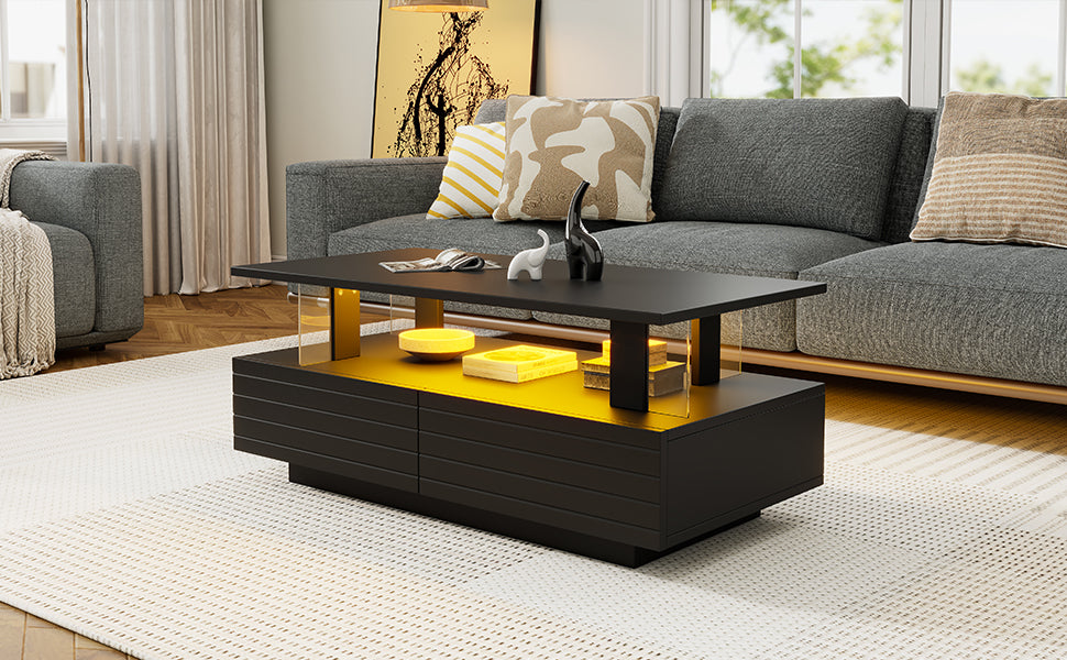 Coffee Table with LED and 2 Drawers, Black Particleboard + Acrylic