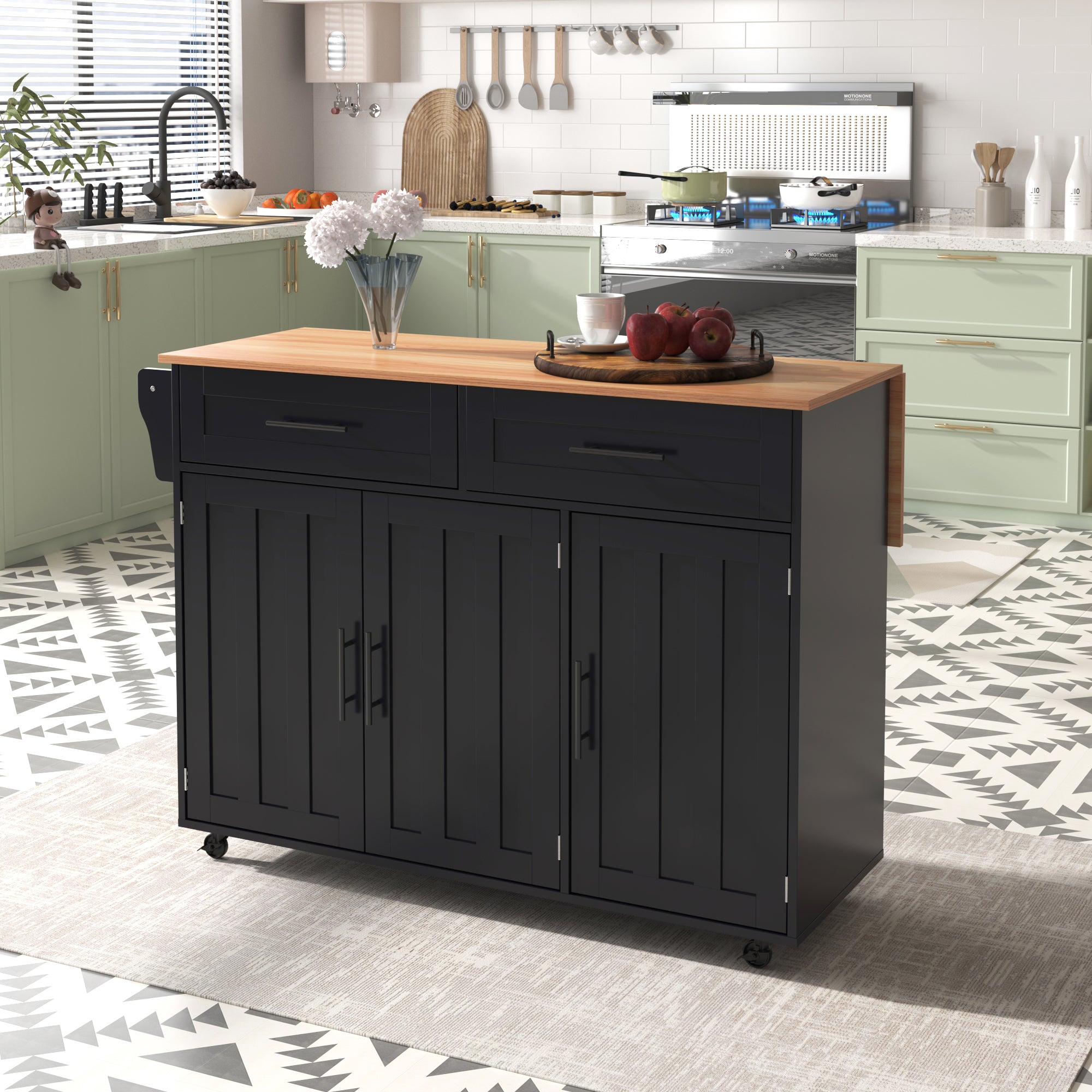 Dining Cart Sideboard 129cm Extendable Folding Top Storage Wheels - Black