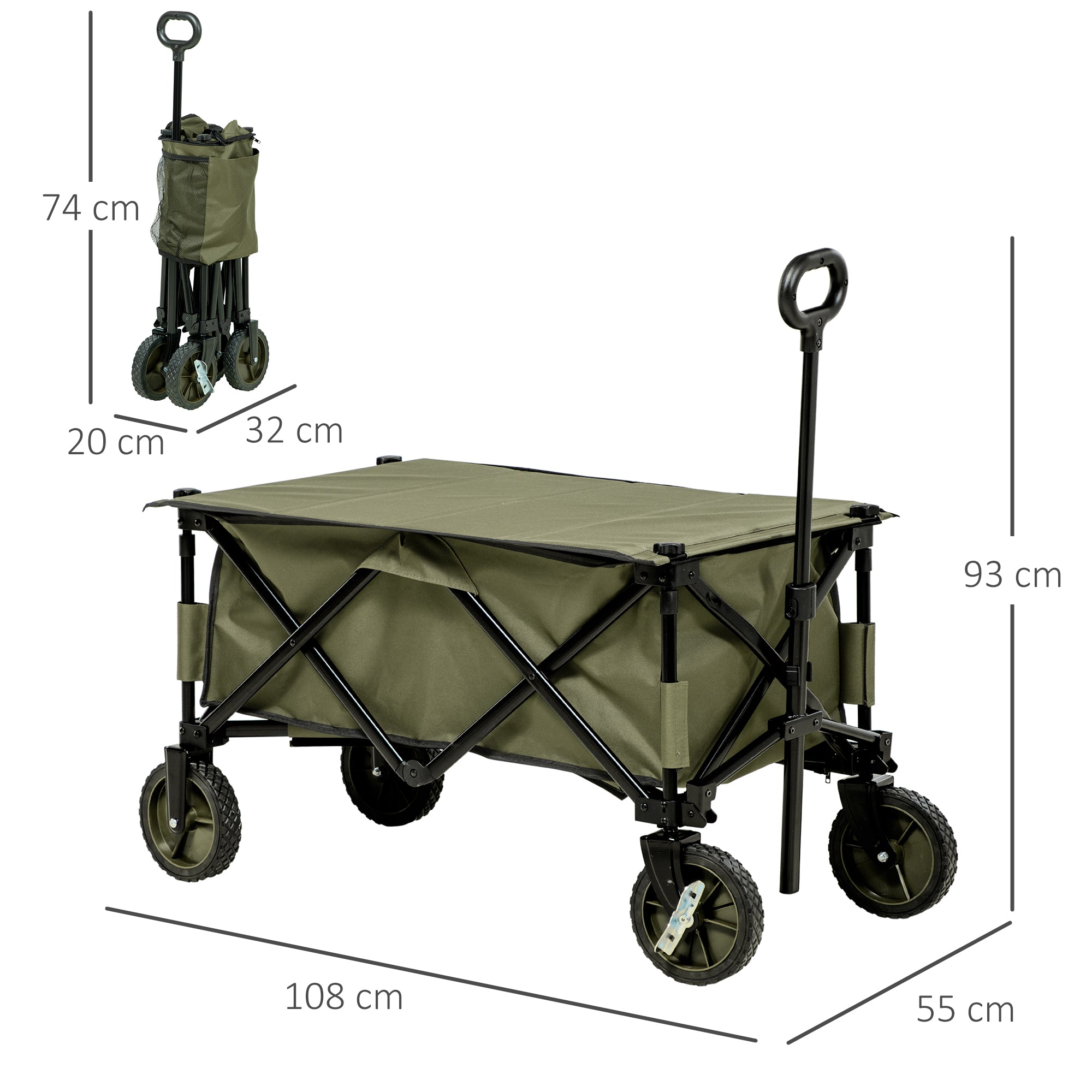 beach cart, foldable transport with 4 wheels, removable cover, height-adjustable handle, tilting tray, 5 storage bags, green