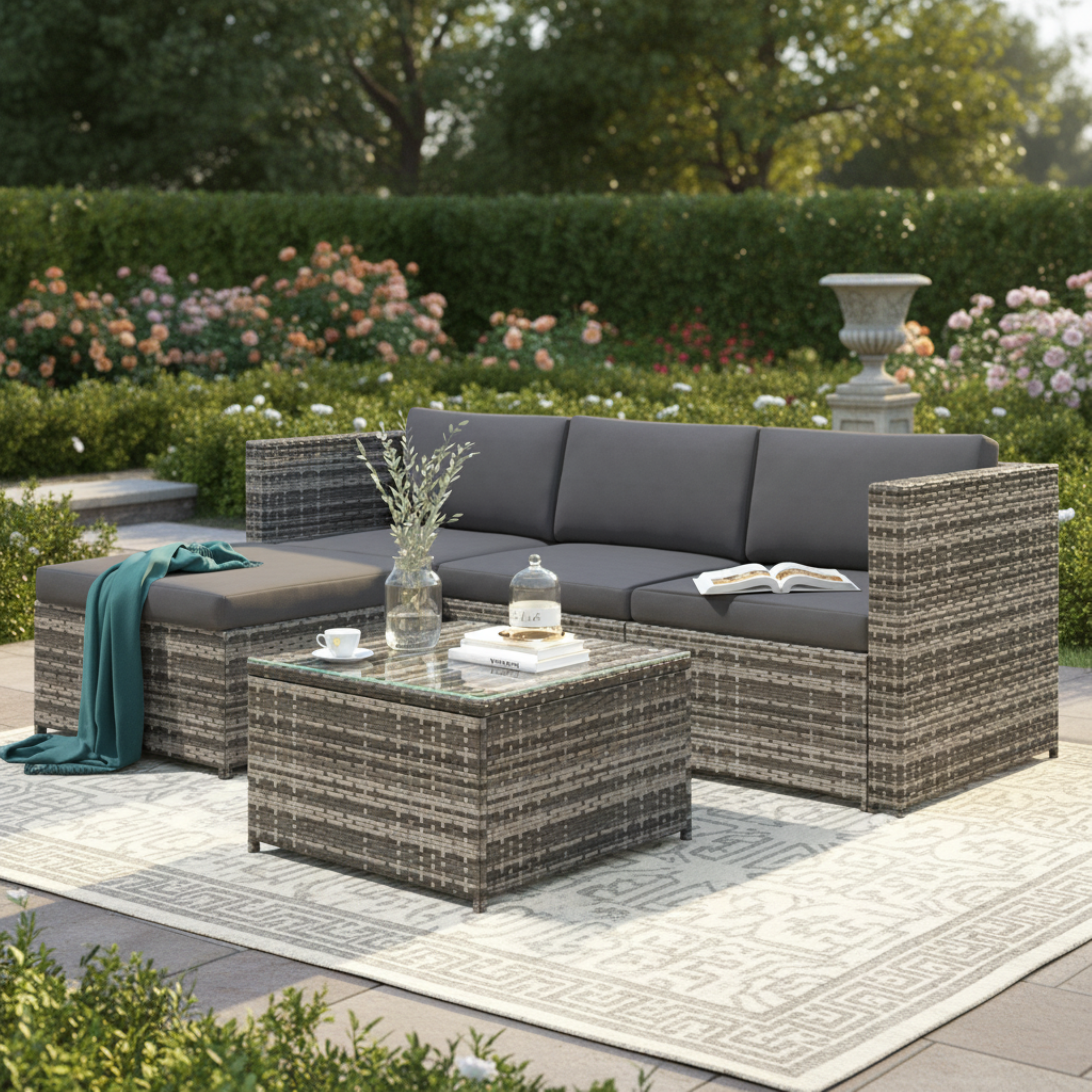 Lounge Sofa Set with Corner Sofa, Cushions and Glass Top Table, Grey Polyrattan