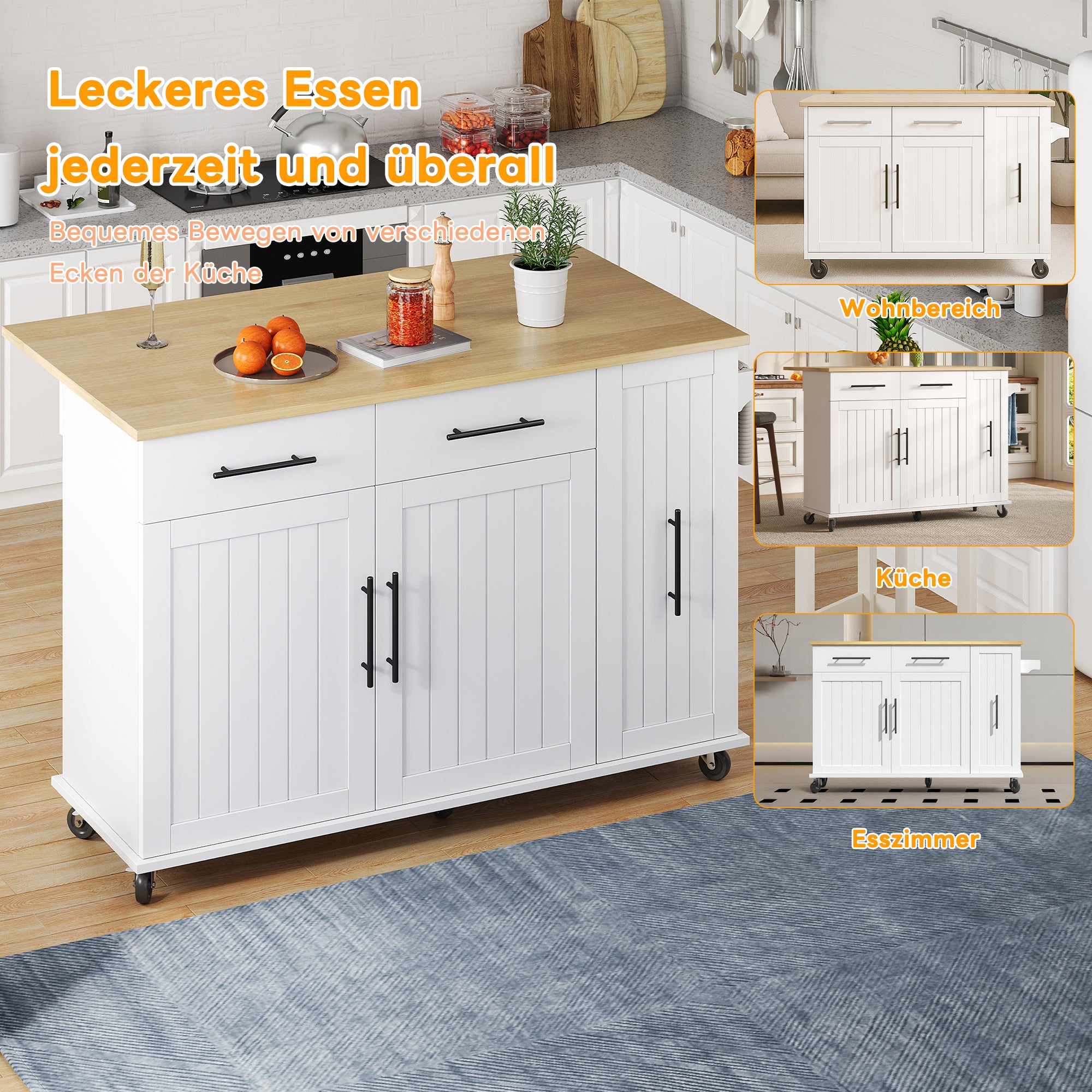 Kitchen Island Drop Leaf Storage Cart Rolling 3-Tier Pull-Out Organizer White